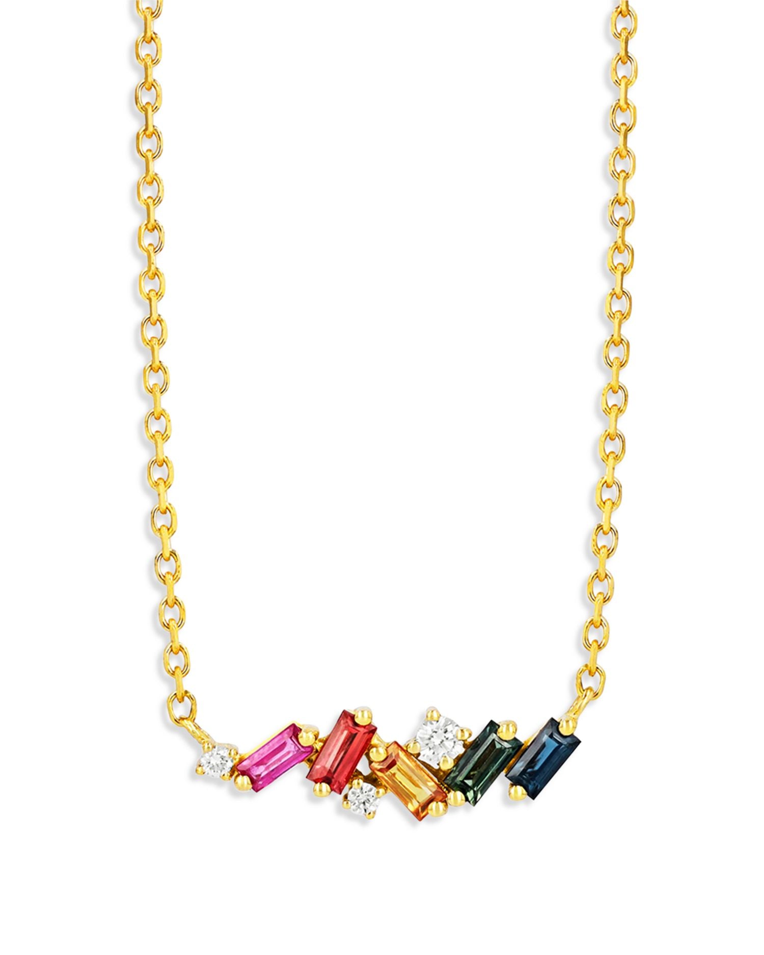 18K Yellow Gold Rainbow Sapphire & Diamond Mixed Mini Bar Necklace, 18"L