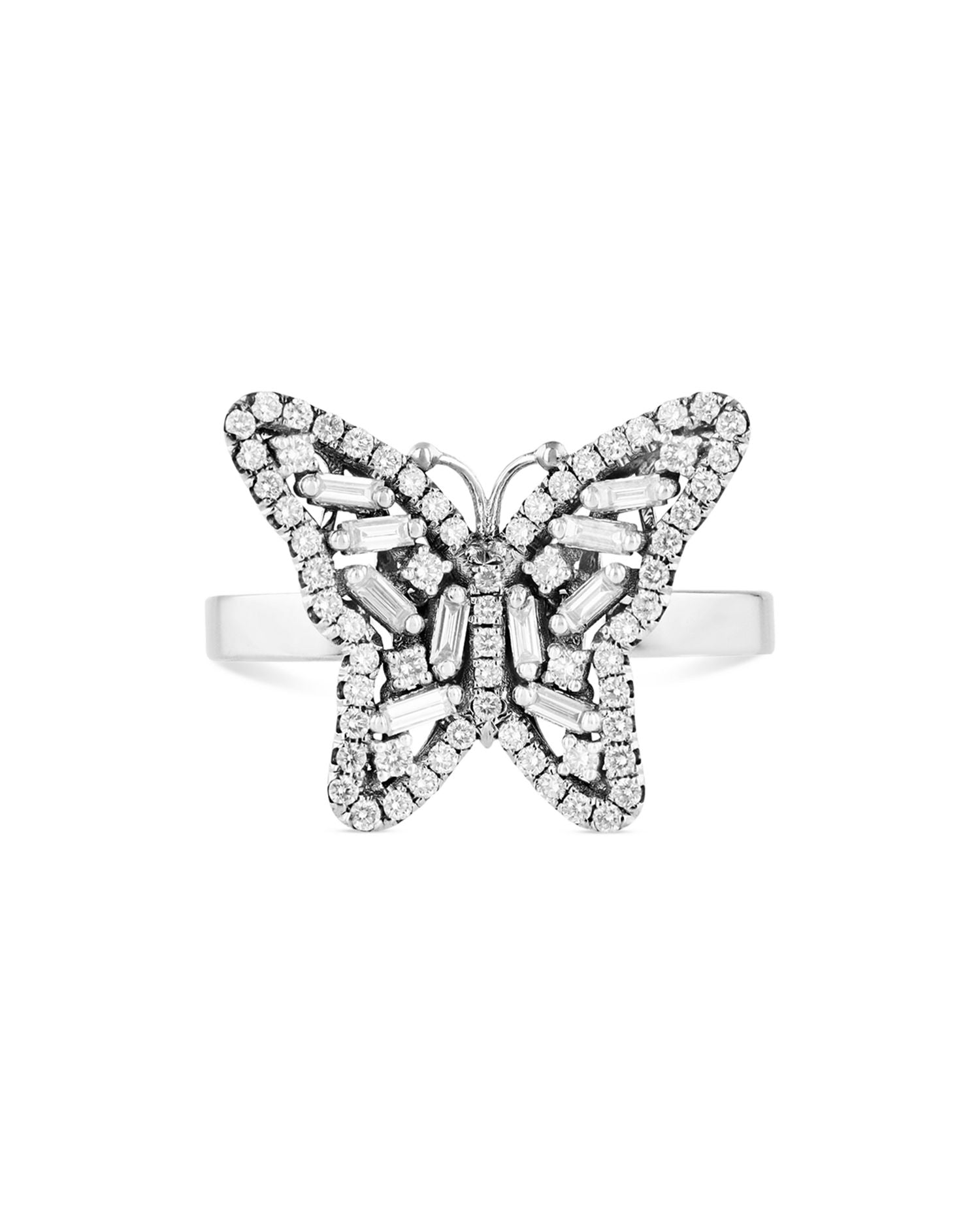 18K White Gold Fireworks Diamond Round Cut & Baguette Butterfly Ring