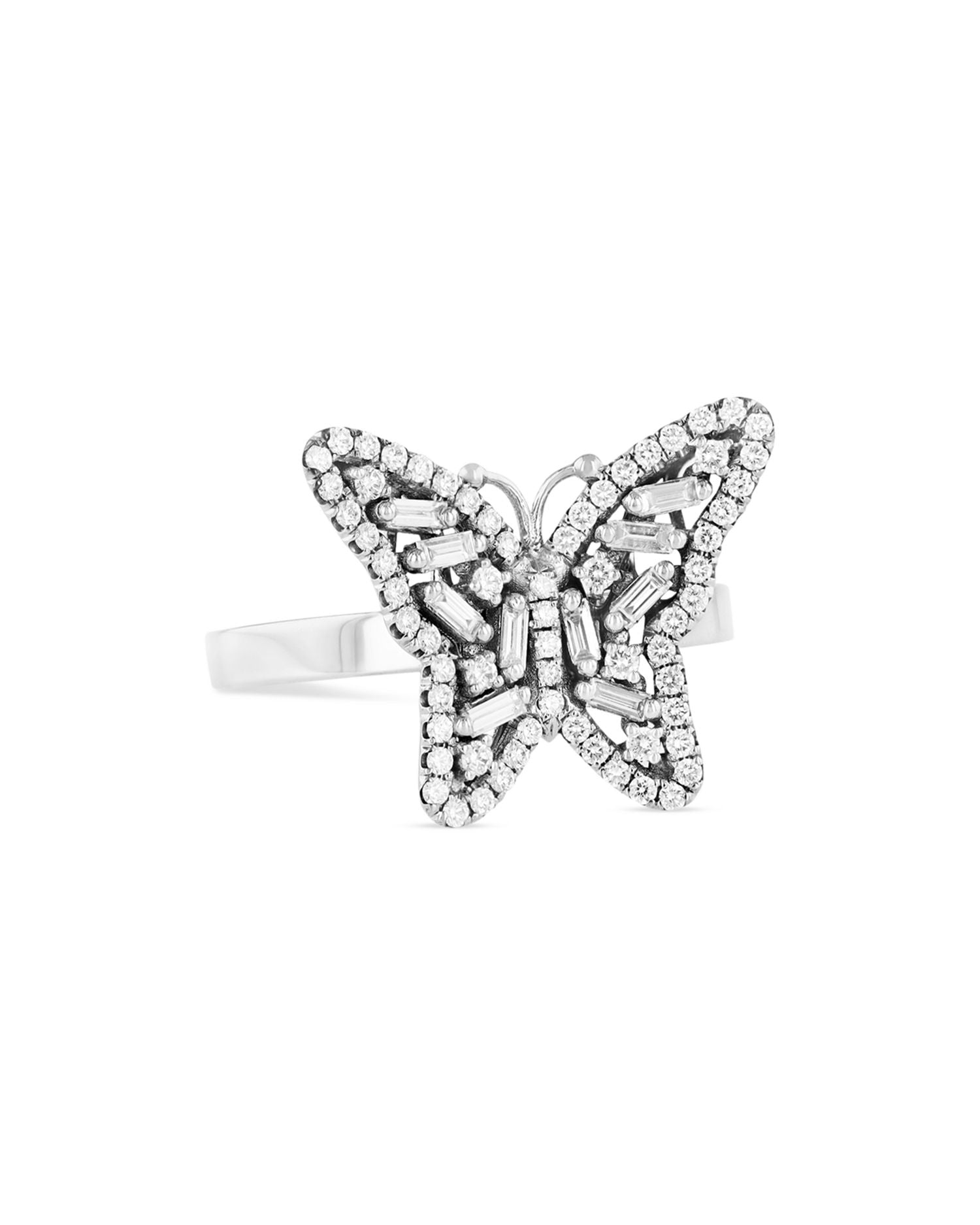 18K White Gold Fireworks Diamond Round Cut & Baguette Butterfly Ring