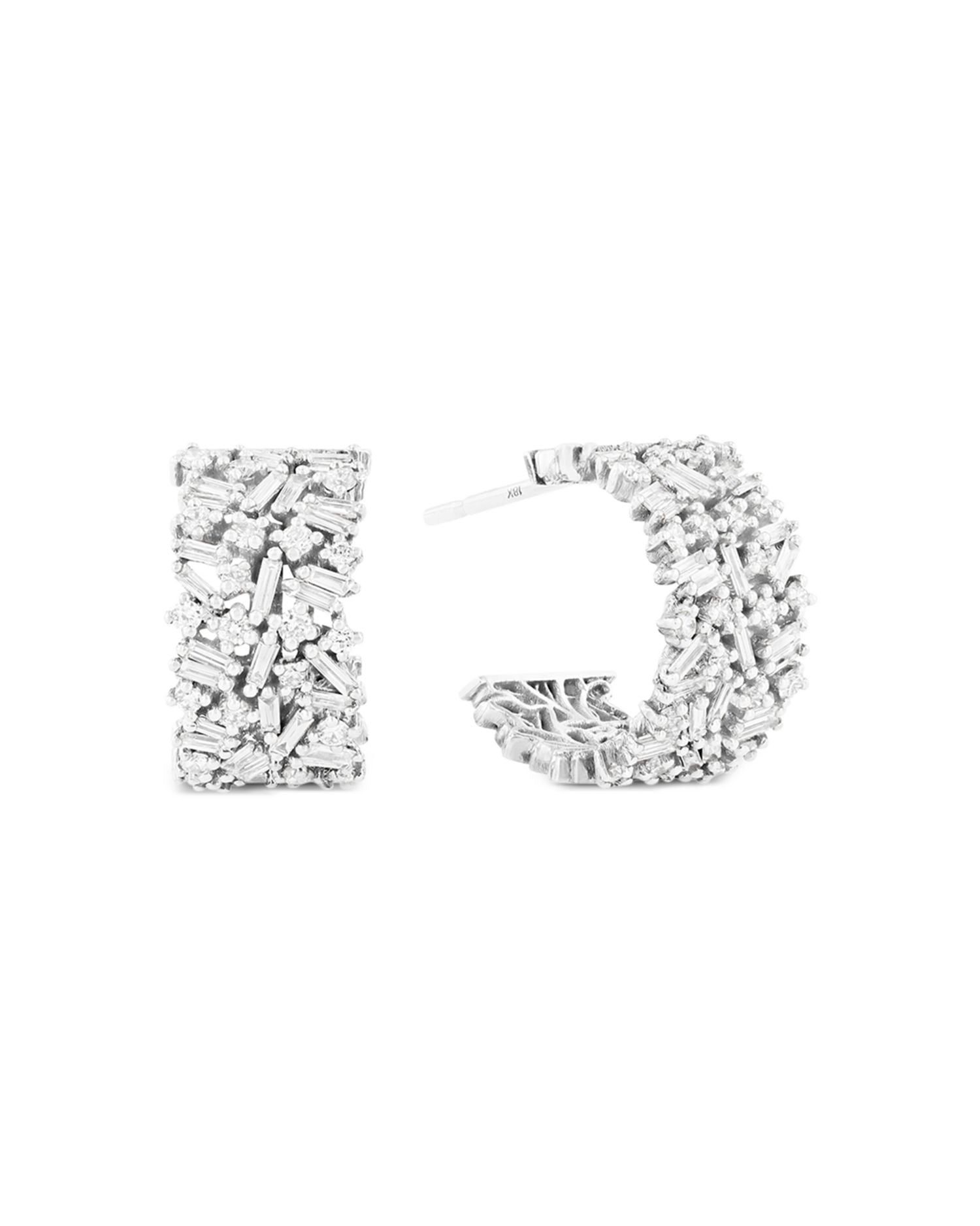 18K White Gold Fireworks Diamond Round Cut & Baguette Scattered Cluster Small Hoop Earrings