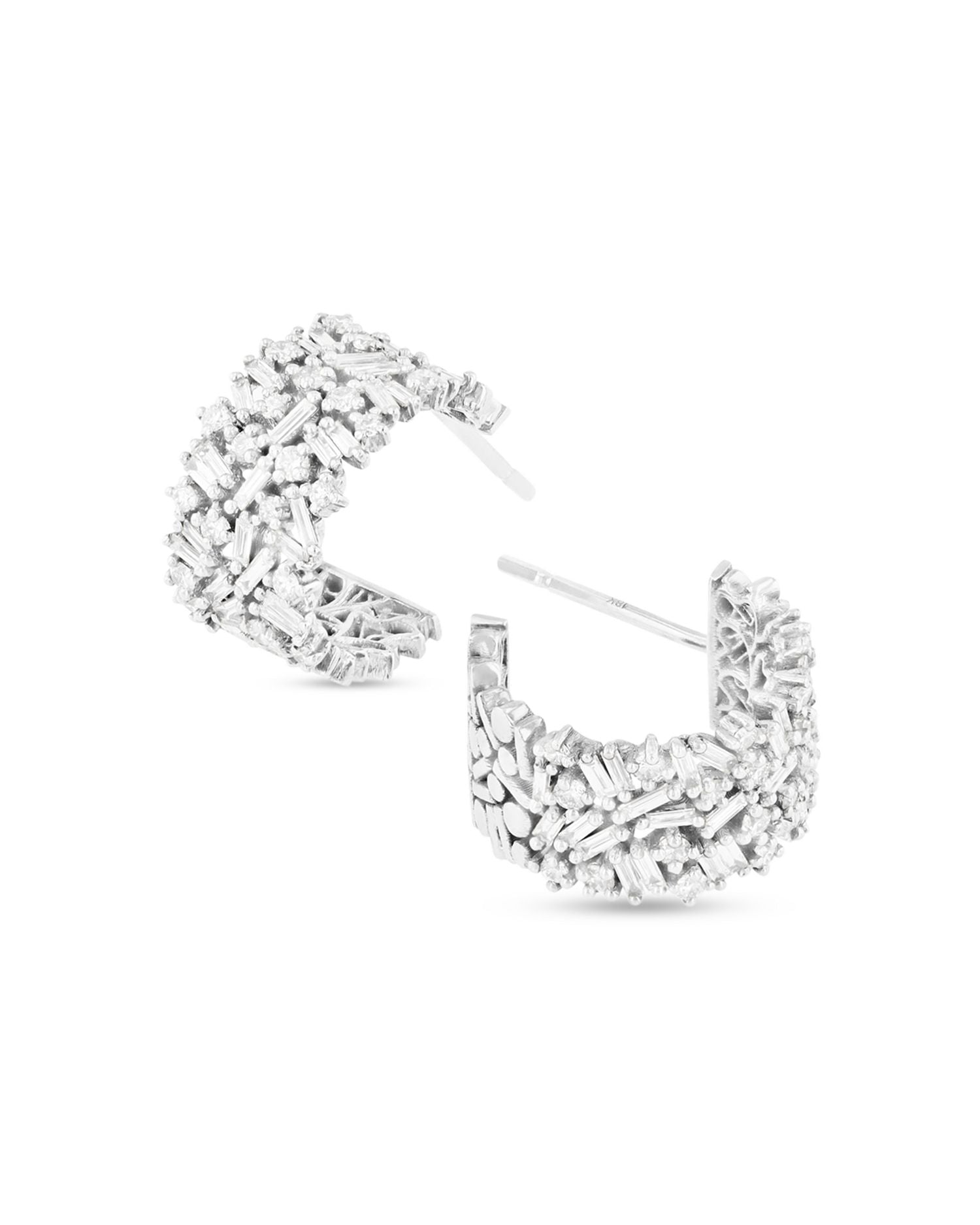 18K White Gold Fireworks Diamond Round Cut & Baguette Scattered Cluster Small Hoop Earrings