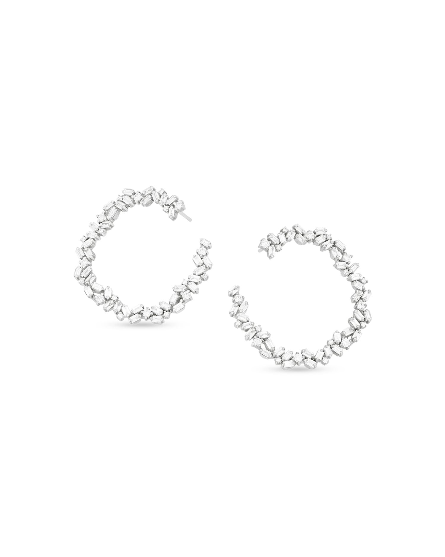 18K White Gold Diamond Round-Cut & Baguette Sideways Skinny Spiral Drop Earrings