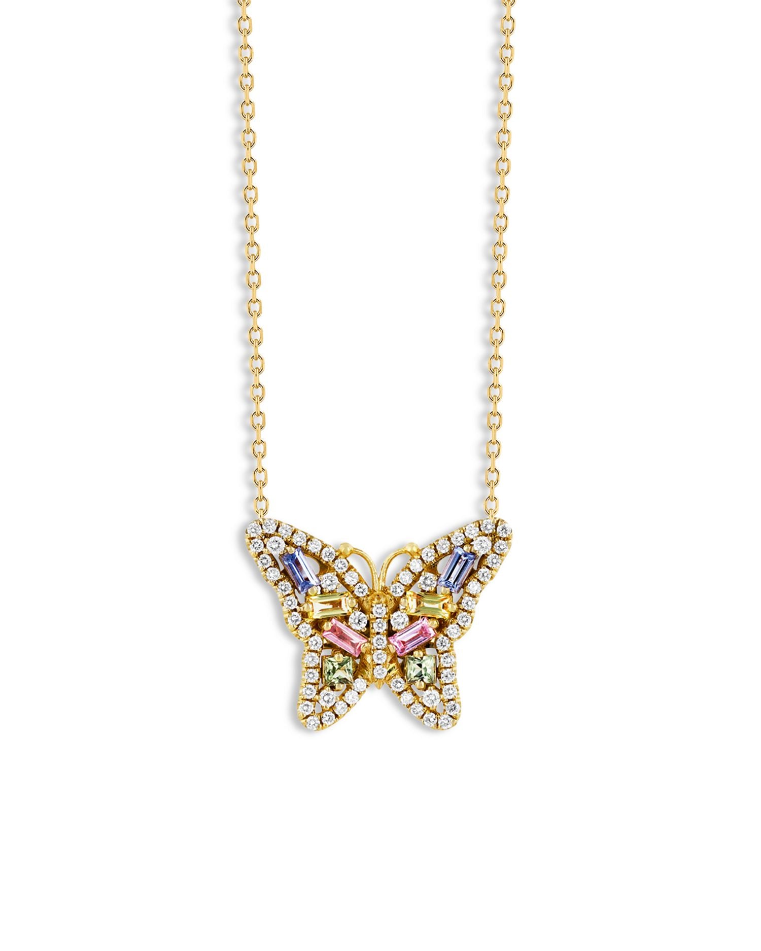 18K Yellow Gold Rainbow Sapphire & Diamond Butterfly Pendant Necklace, 16-18"