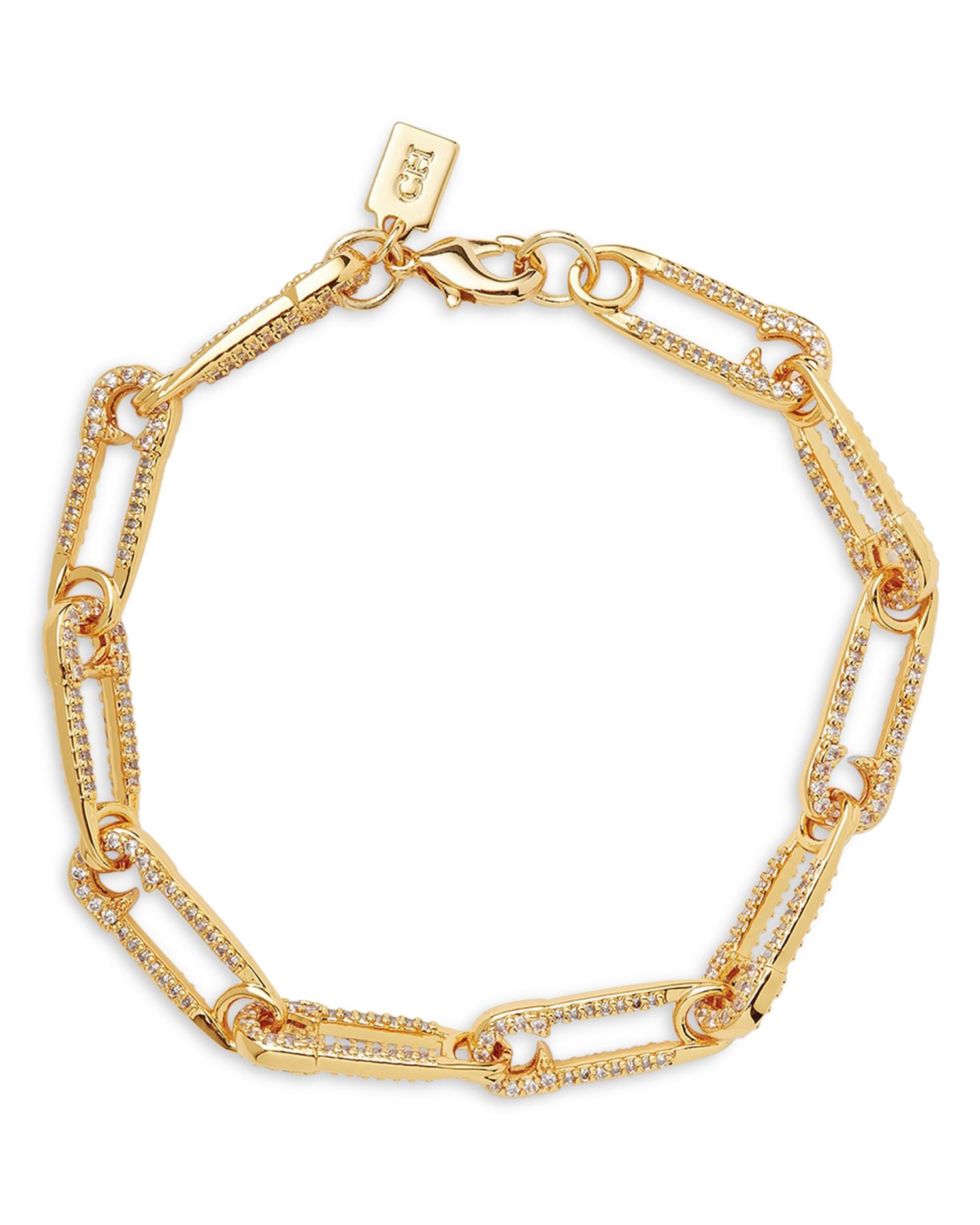 Pavé Safety Pin Link Bracelet in 18K Gold Plated