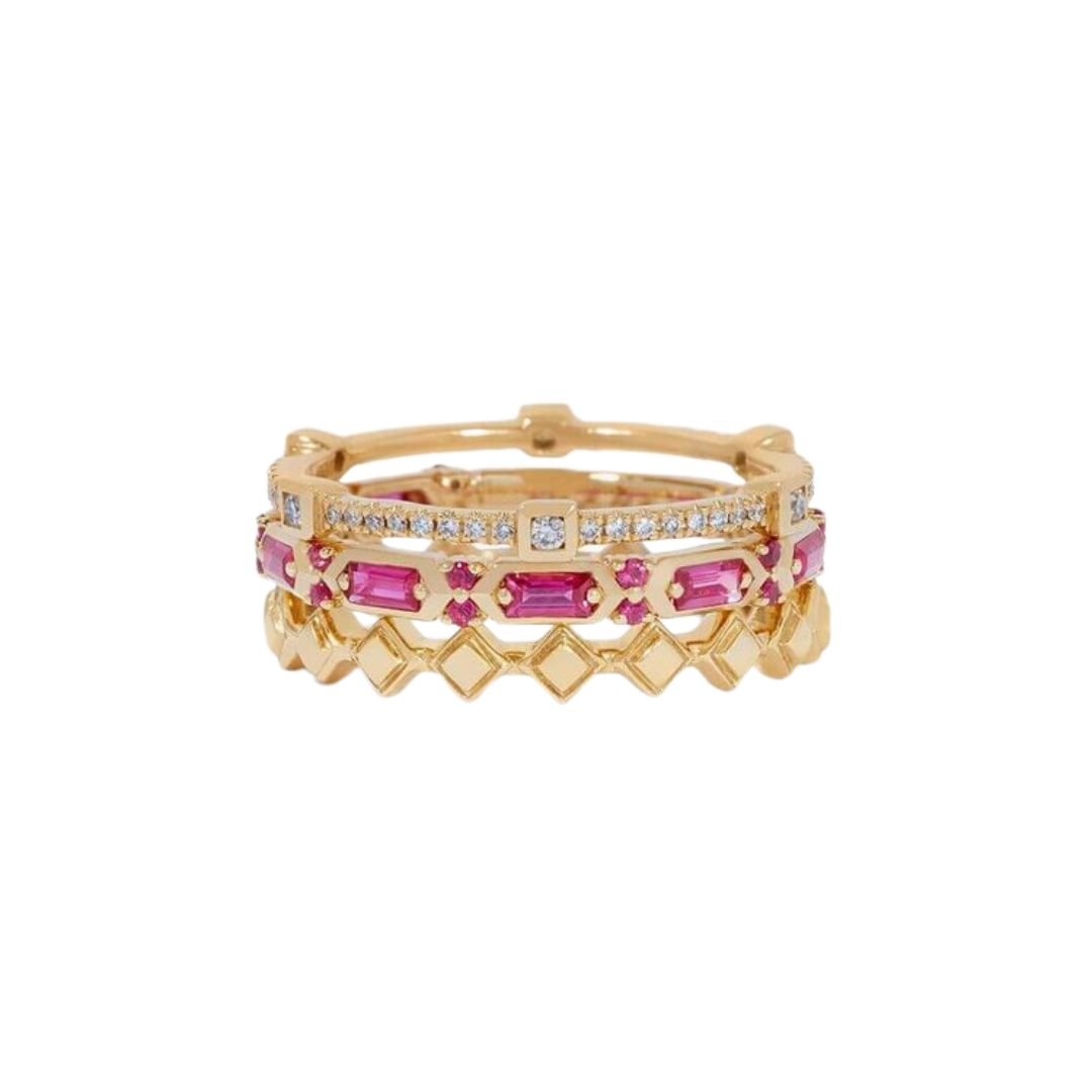 18ct Gold Pink Sapphire Baguette Ring Stack -  - Aureus Boutique