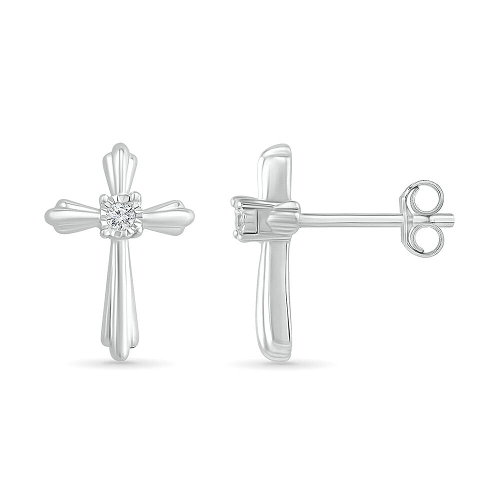 Cross Stud Earrings with Diamond Accents in Sterling Silver