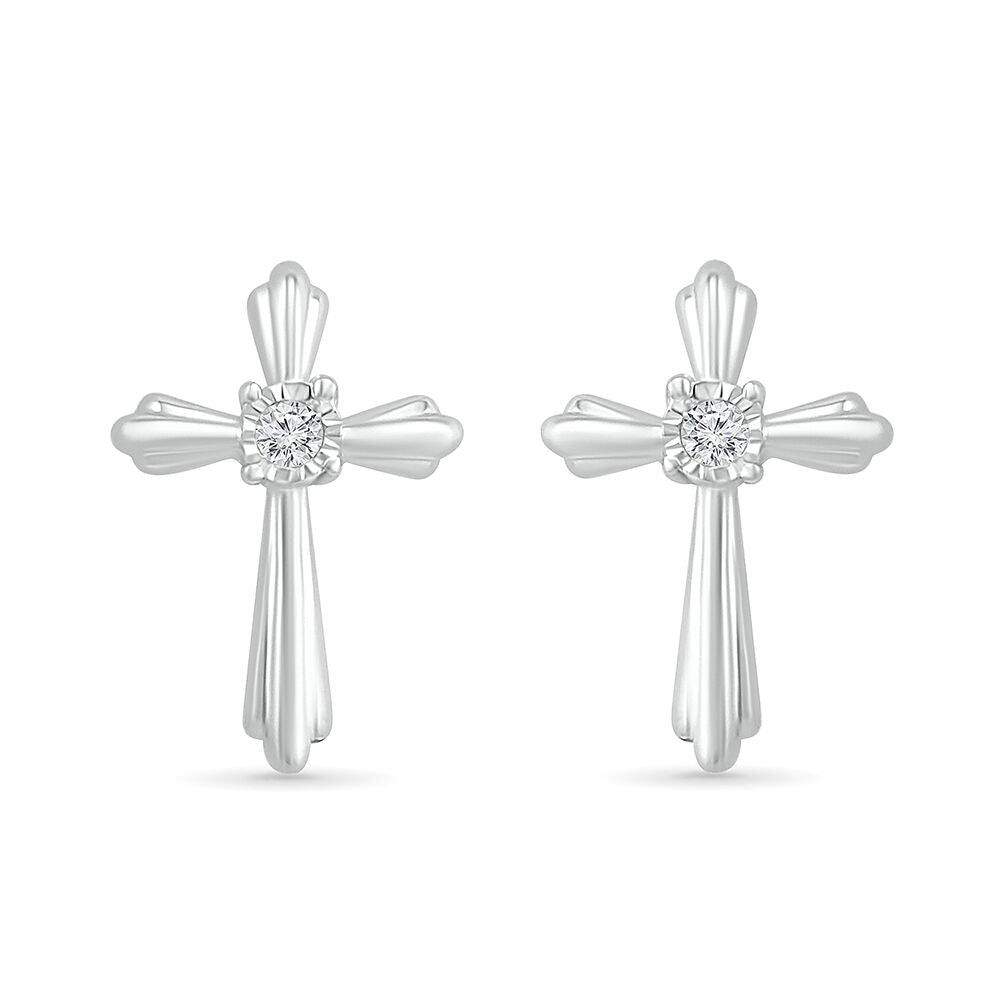 Cross Stud Earrings with Diamond Accents in Sterling Silver