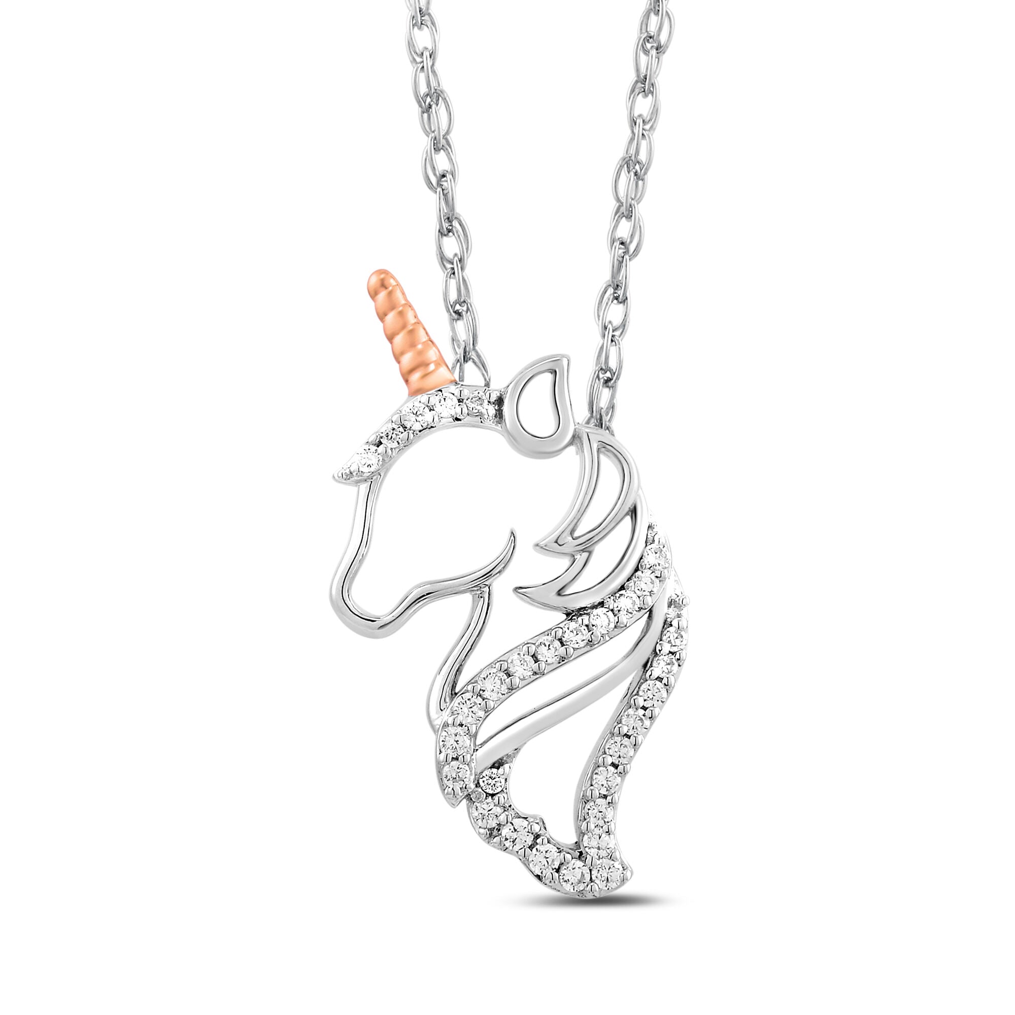 Diamond Unicorn Pendant in Sterling Silver and 10K Rose Gold (1/10 ct. tw.)