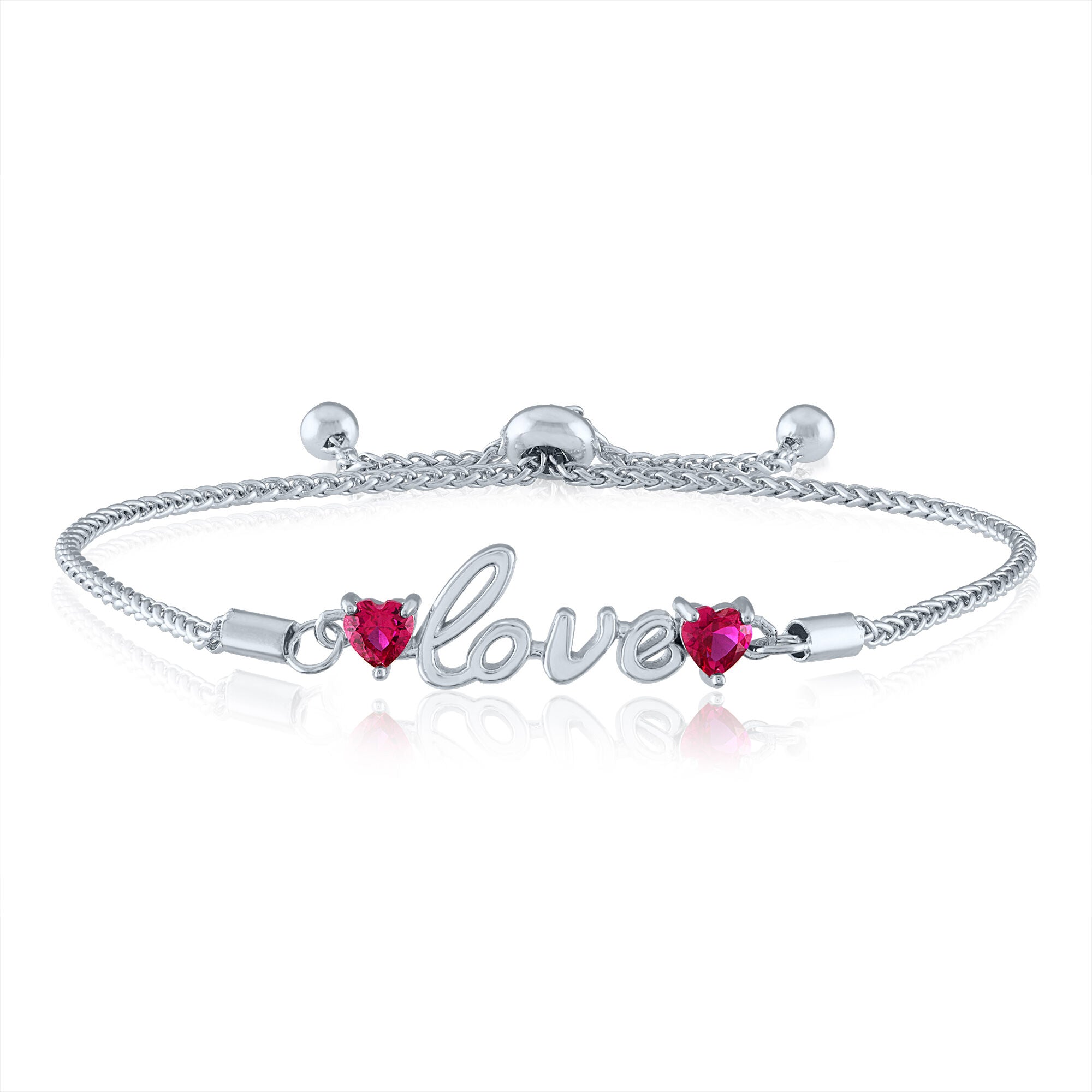 “Love” Bolo Bracelet with Heart-Shaped Lab-Created Rubies in Sterling Silver