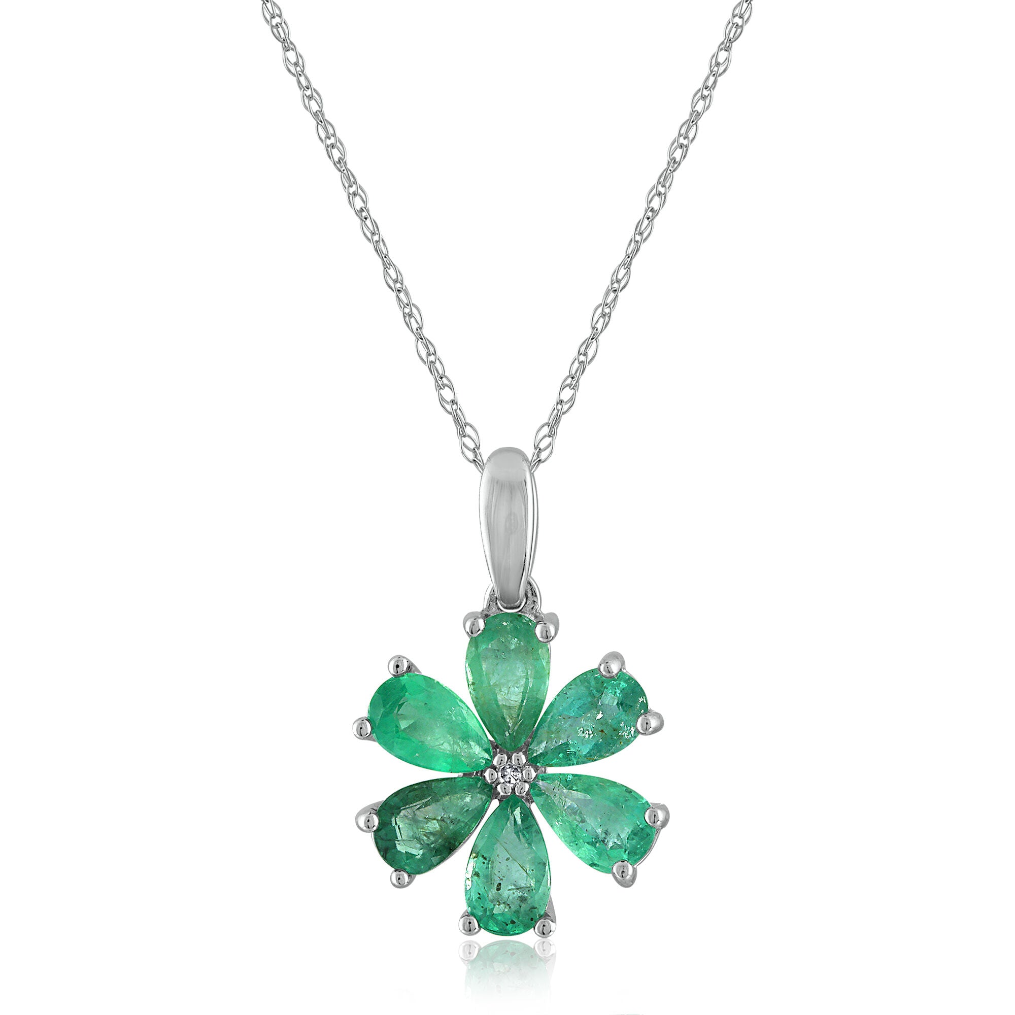 Emerald and Diamond Accent Flower Pendant in 10K White Gold