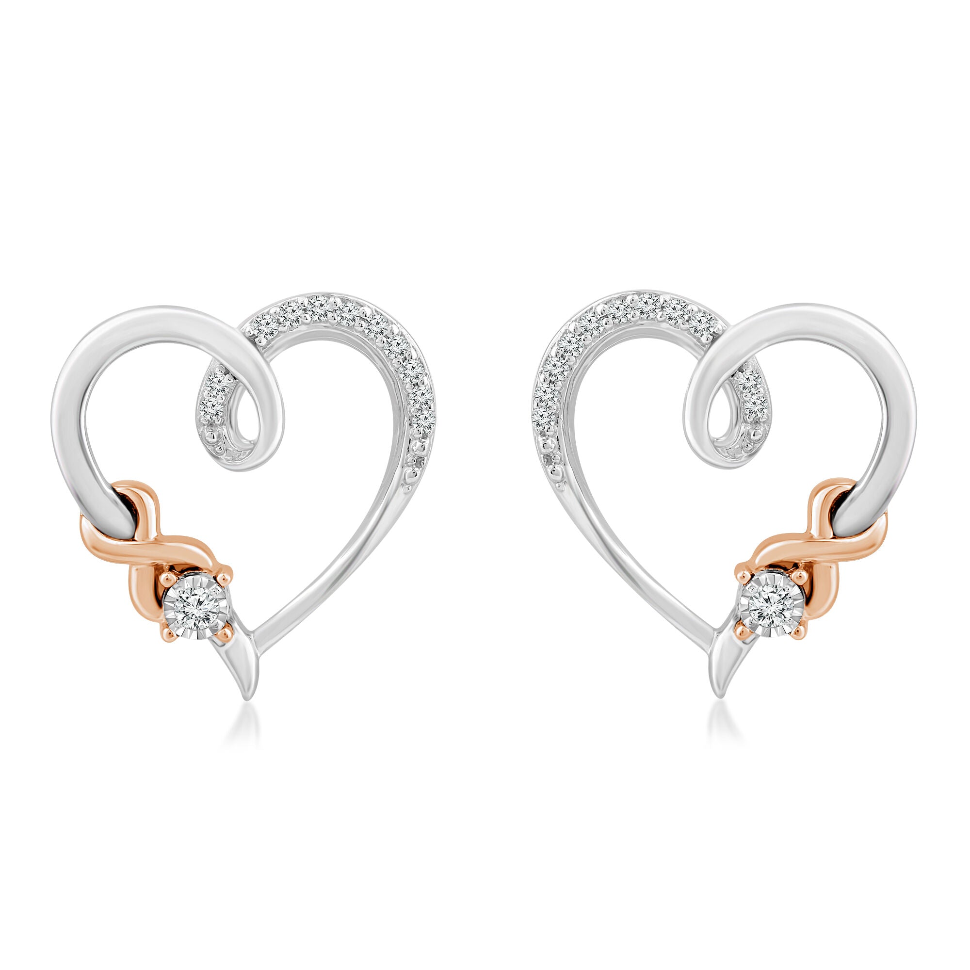 Diamond Accent Heart Stud Earrings in Sterling Silver & 10K Rose Gold