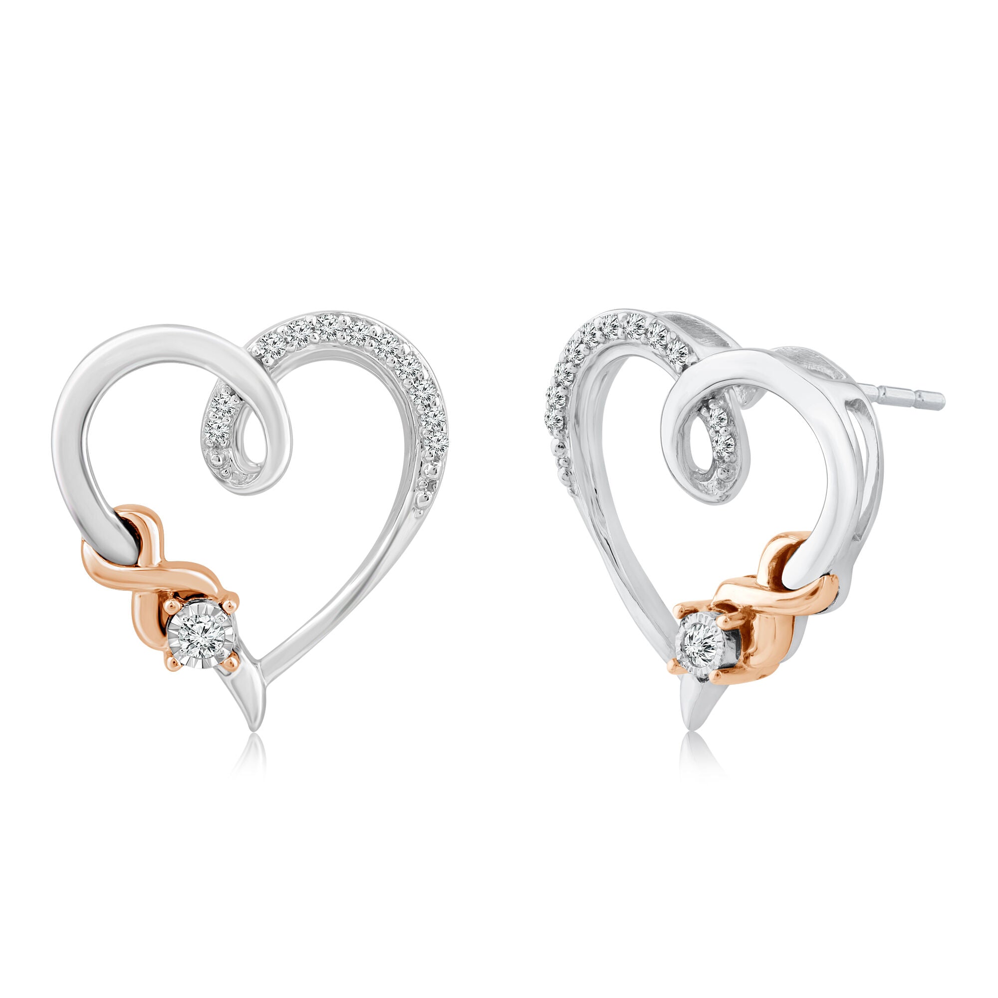 Diamond Accent Heart Stud Earrings in Sterling Silver & 10K Rose Gold