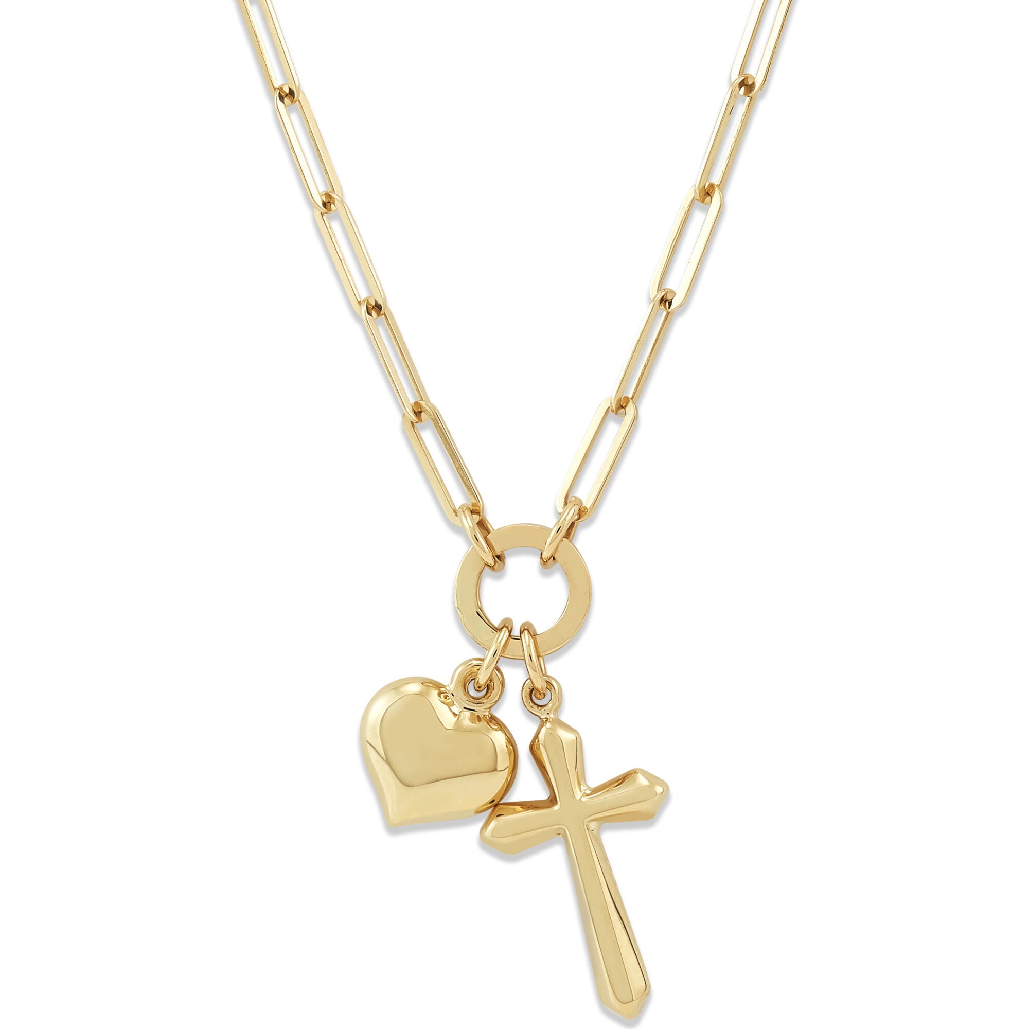 Heart & Cross Charm Paperclip Chain Necklace in 14K Yellow Gold