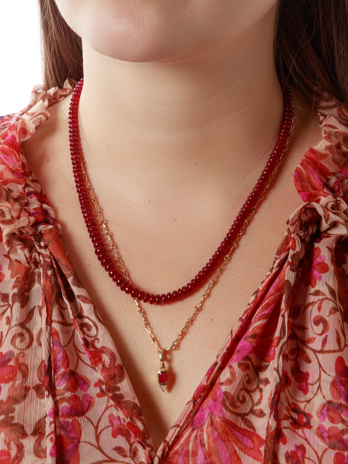 Rich Ruby Beaded Yellow Gold Necklace