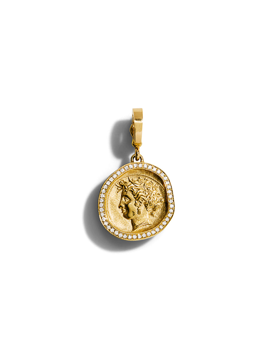 Pave Goddess Small Yellow Gold Coin Charm