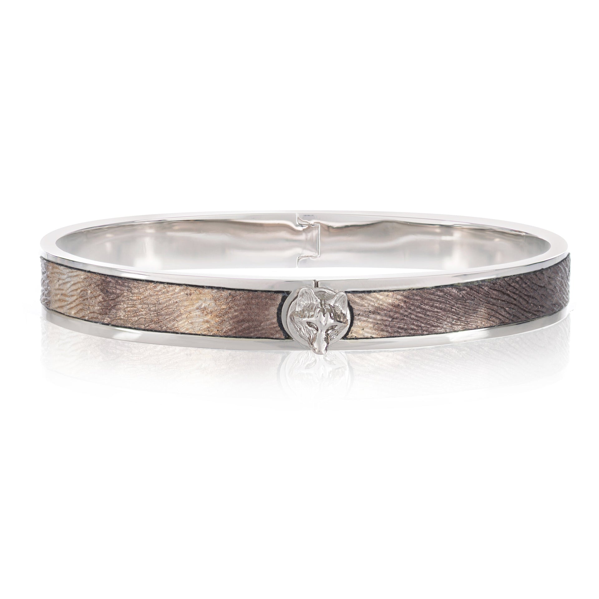 silver-brown-leather-wolf-bangle