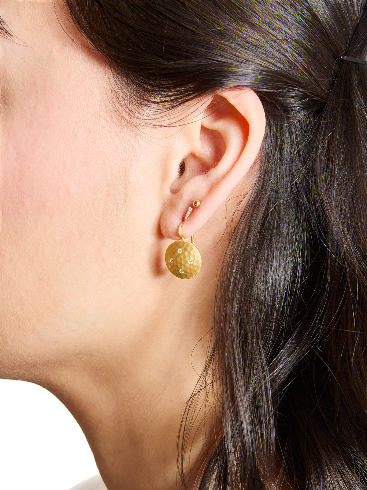 Diamond Hammered Disc Yellow Gold Earrings