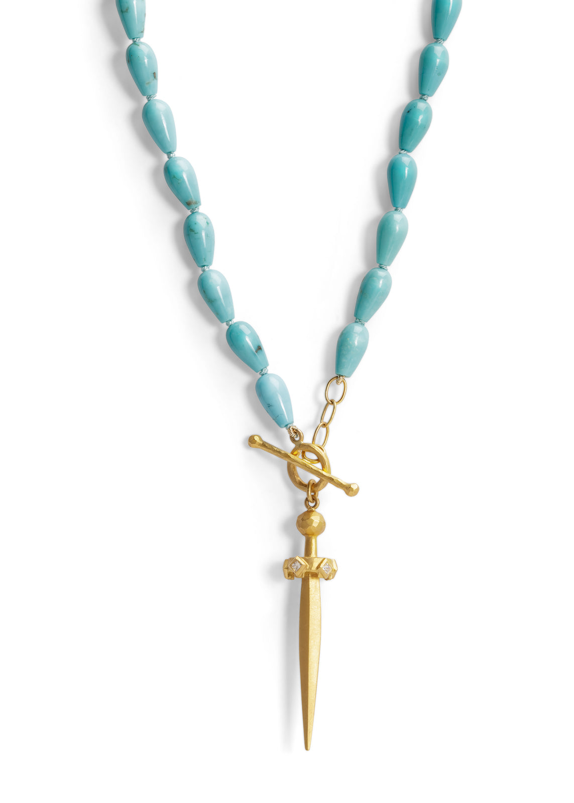 Turquoise Beaded Strand Yellow Gold Necklace With Sword