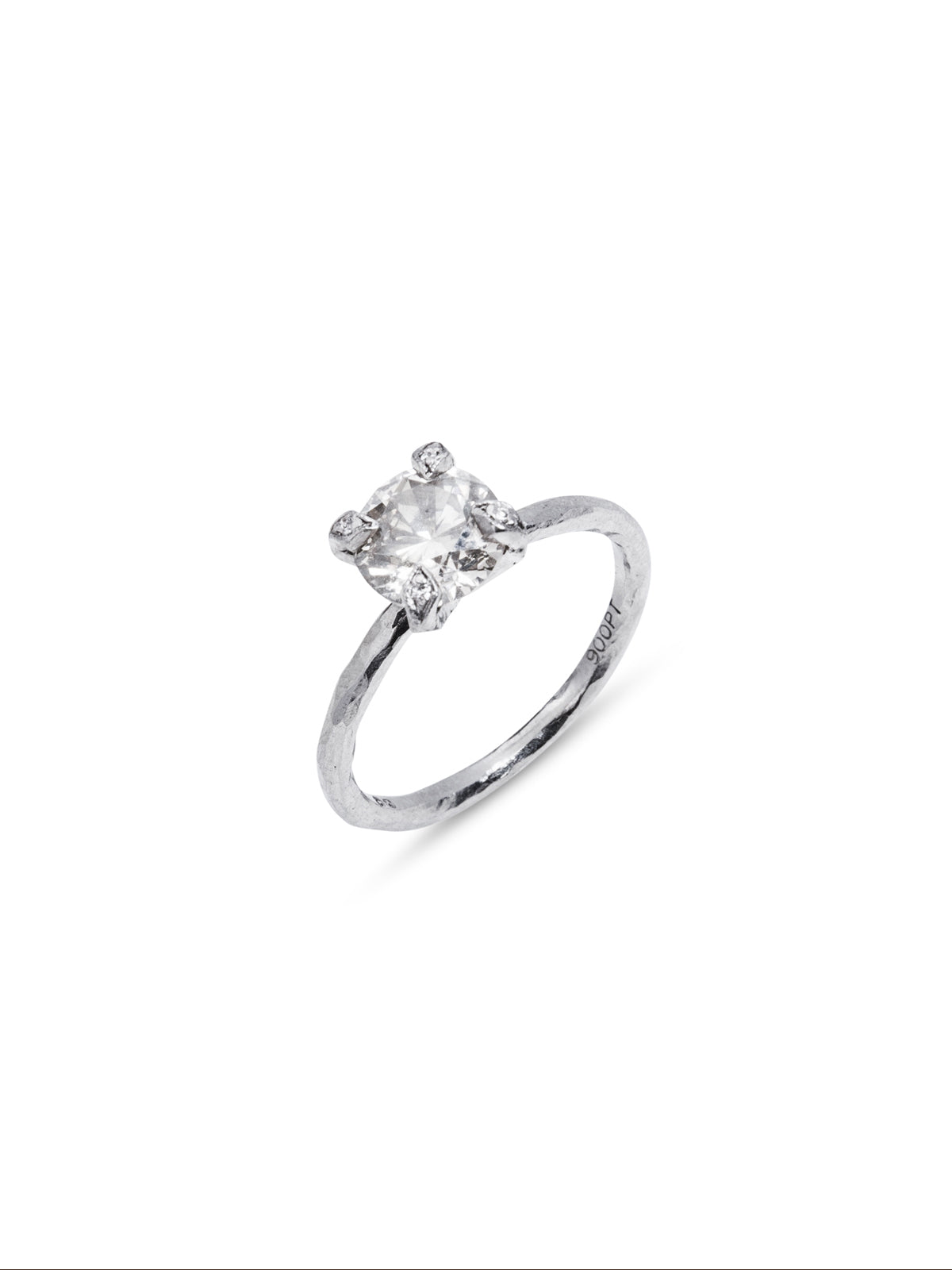 Diamond Long Prong Hammered Platinum Ring