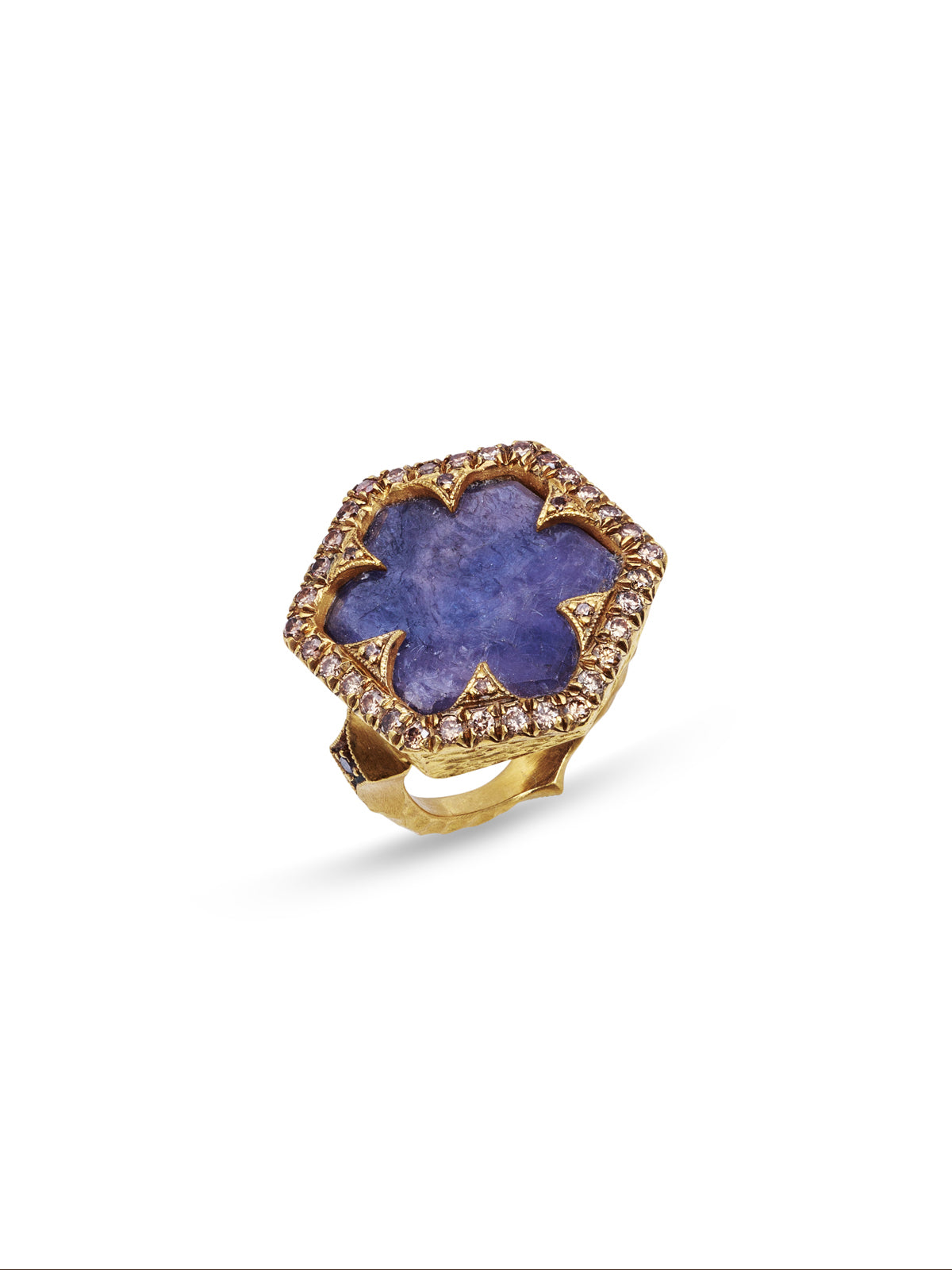 Cognac Diamond Framed Rustic Sapphire Hex Yellow Gold Ring