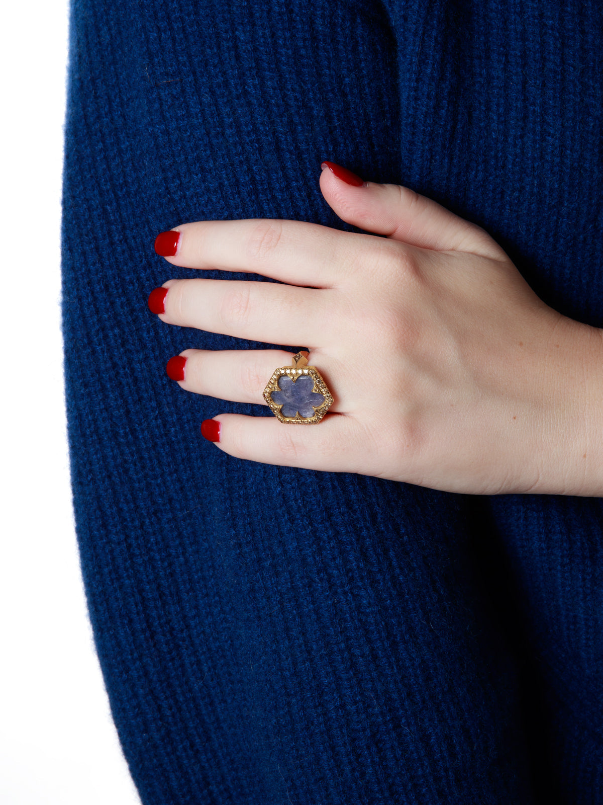 Cognac Diamond Framed Rustic Sapphire Hex Yellow Gold Ring