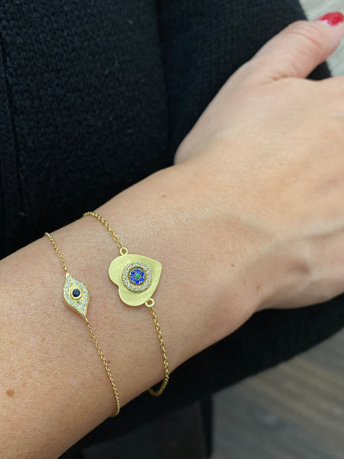 Double Sided Evil Eye Heart Charm on Yellow Gold Bracelet