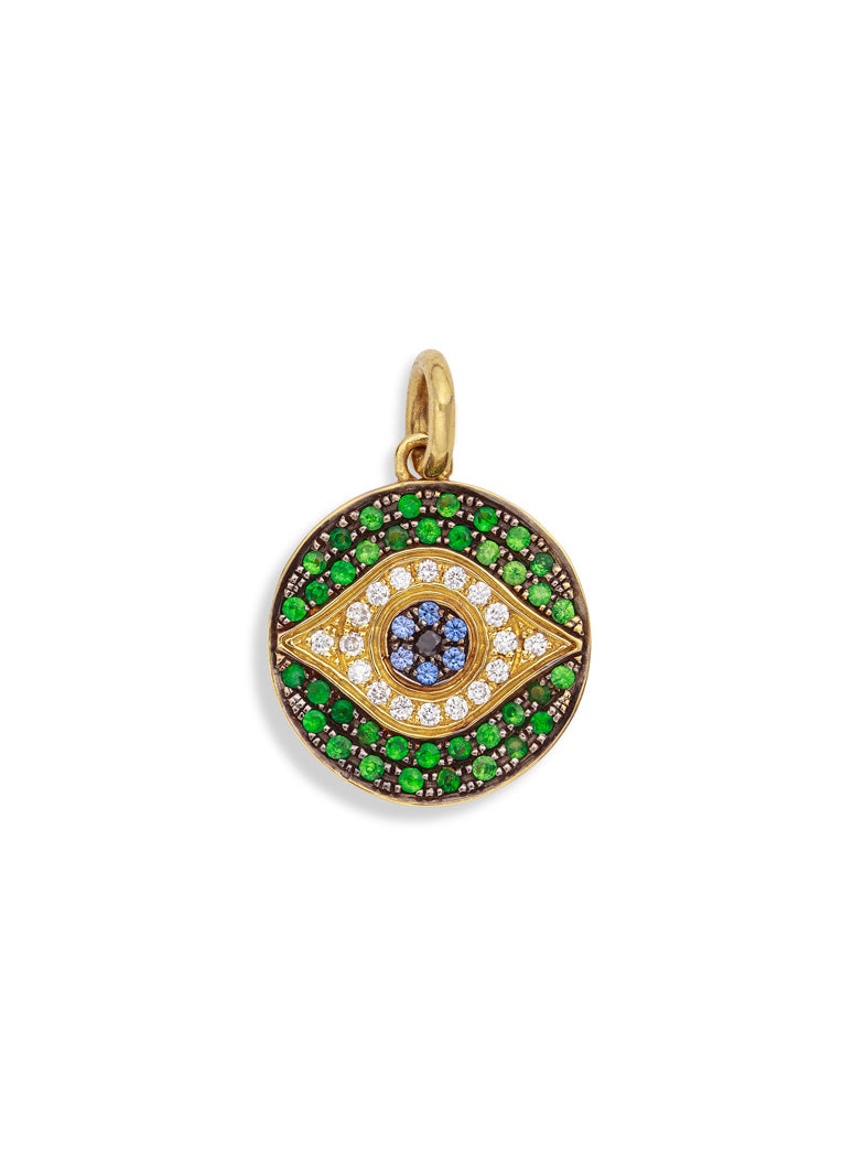 Mini Dawn Tsavorite and Sapphire Evil Eye Yellow Gold Charm