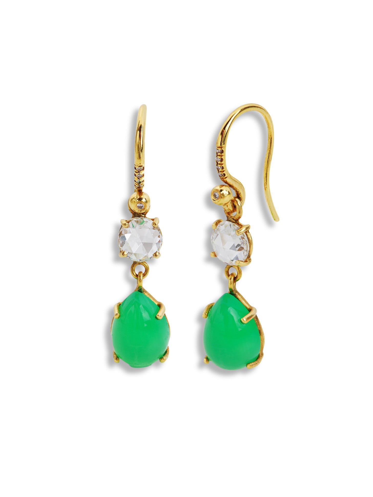 Diamond and Chrysoprase Teardrop Yellow Gold Earrings