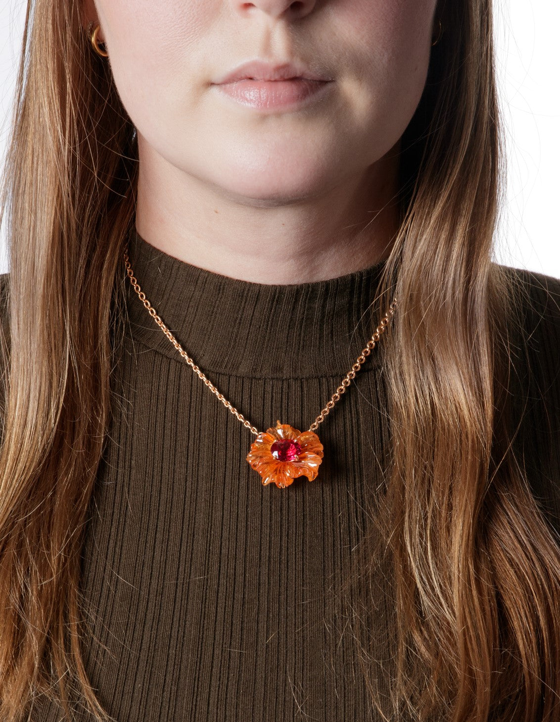 Carved Mandarin Garnet and Rubellite Tropical Flower Rose Gold Necklace