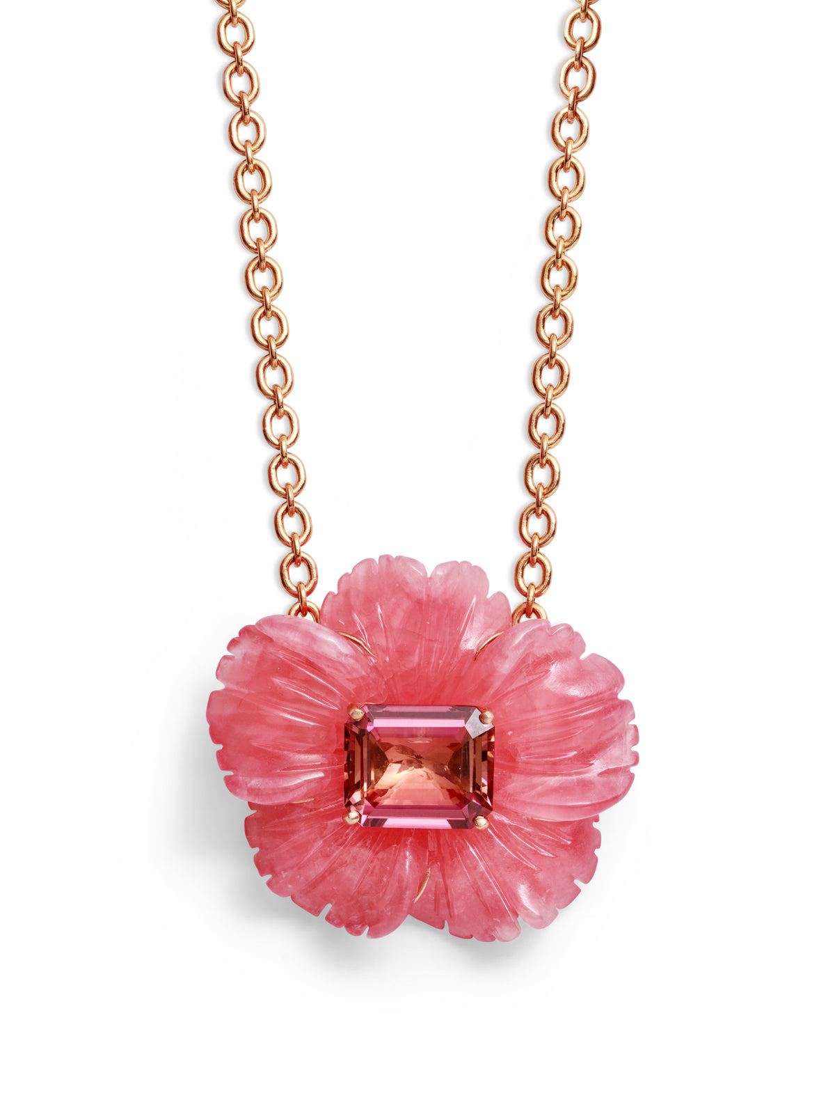 Tropical Flower Carved Rhodochrosite & Pink Tourmaline Center Rose Gold Necklace