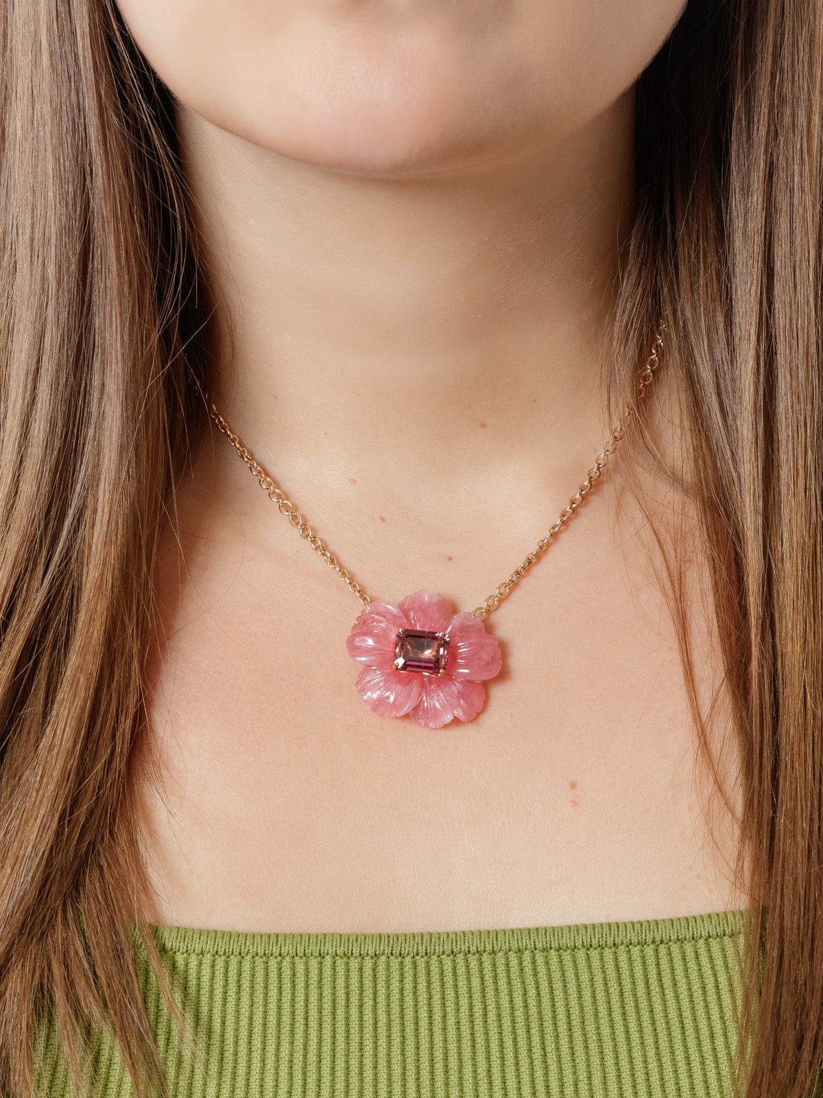 Tropical Flower Carved Rhodochrosite & Pink Tourmaline Center Rose Gold Necklace