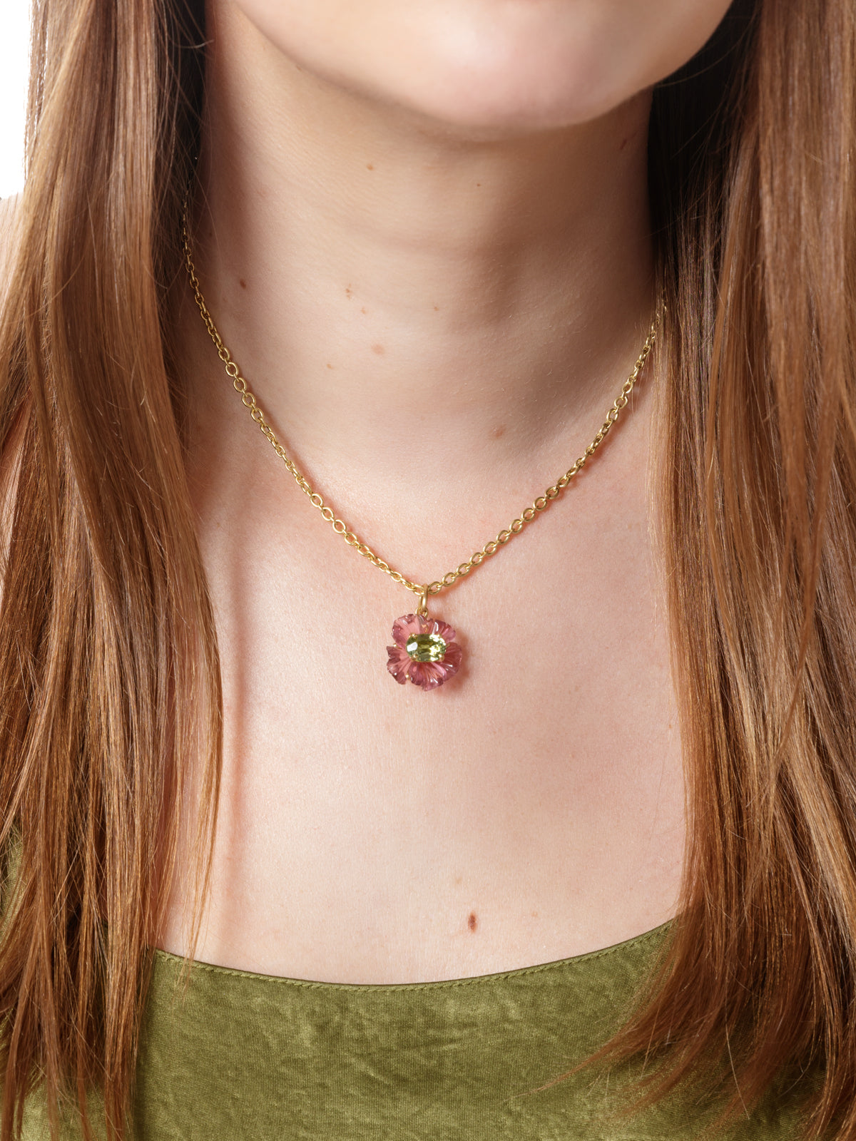 Tropical Flower Pink & Green Tourmaline Yellow Gold Charm