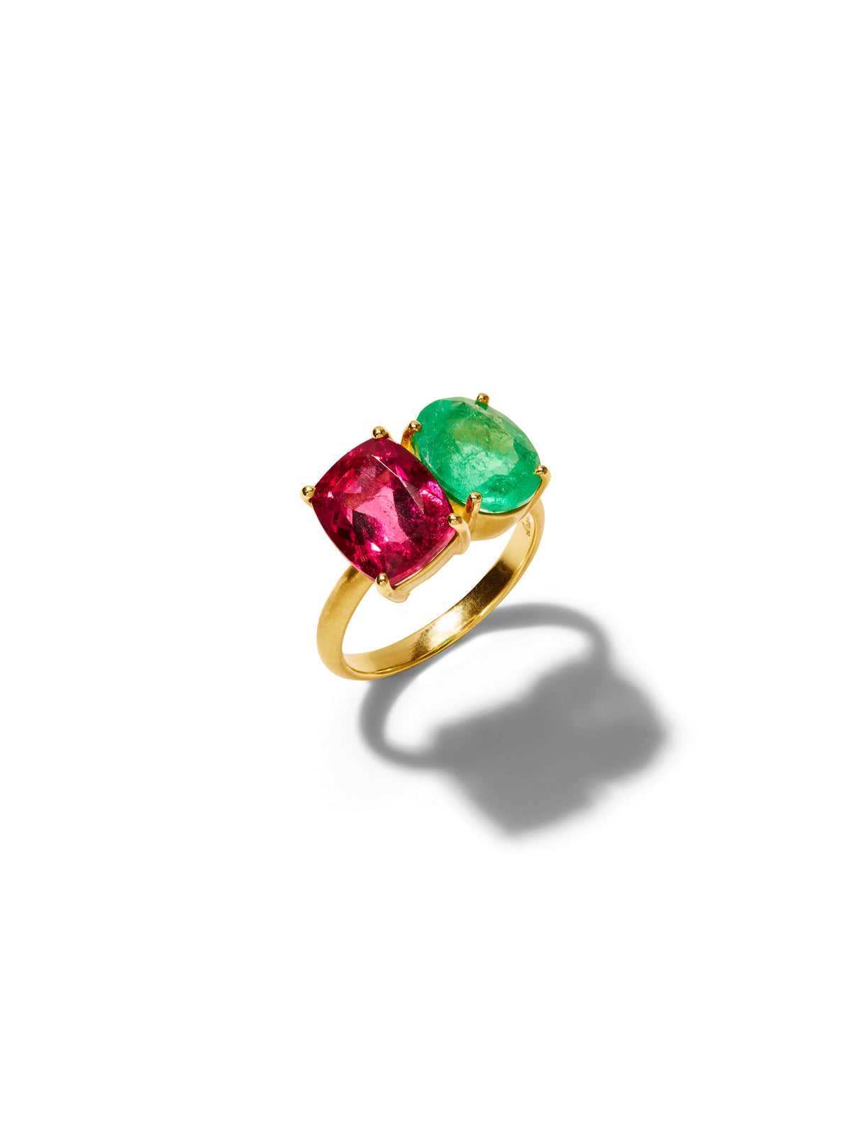 Gemmy Gem Emerald & Rubellite Yellow Gold Ring