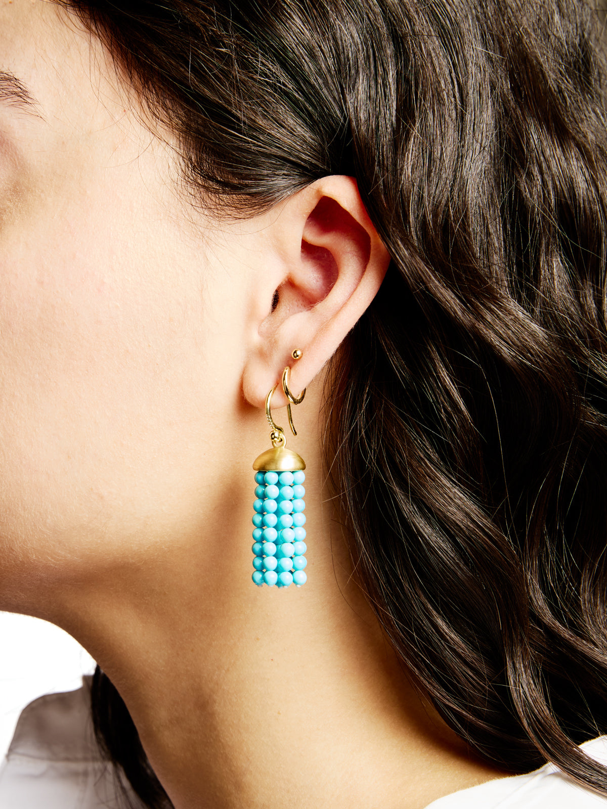 Turquoise Short Tassel Yellow Gold Earrings