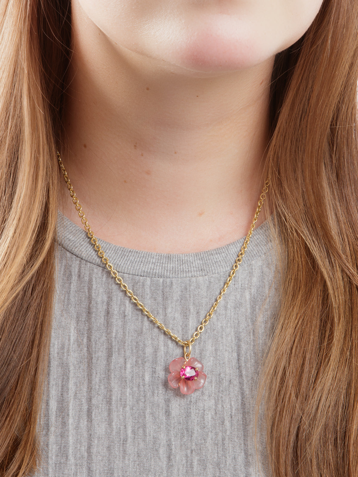 Tropical Flower Rhodochrosite & Rubellite Yellow Gold Charm