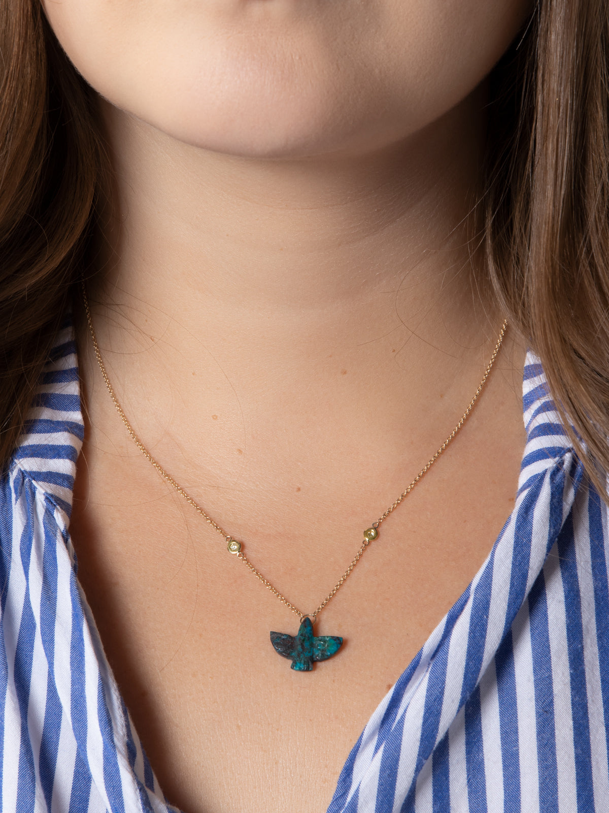 Baby Chrysocolla Thunderbird Yellow Gold Necklace