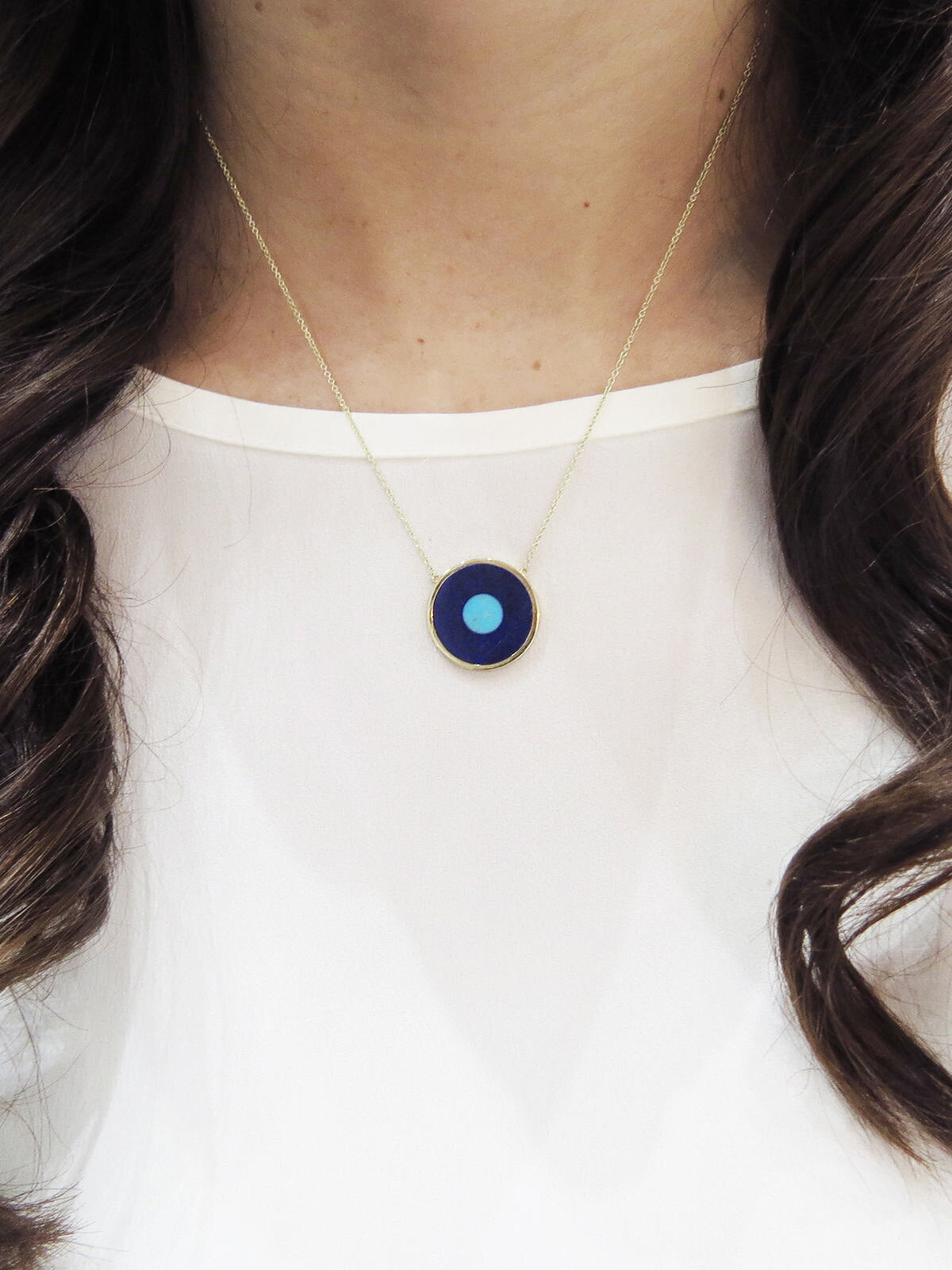 Lapis Inlay with Turquoise Center Evil Eye Yellow Gold Necklace