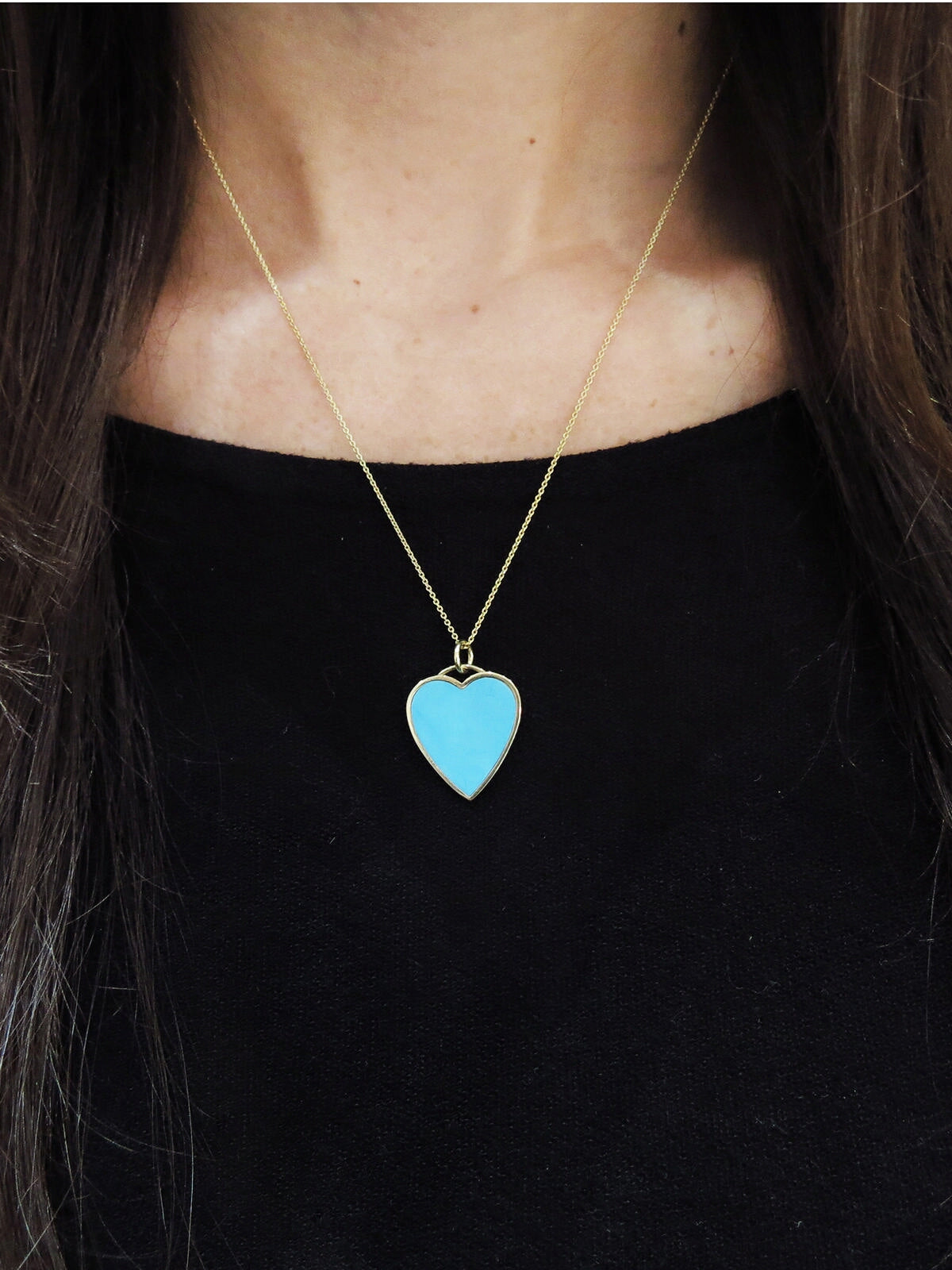 Turquoise Inlay Heart Yellow Gold Necklace