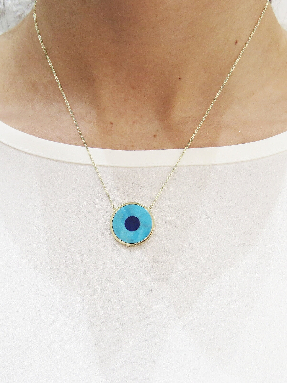 Turquoise Inlay with Lapis Center Evil Eye Yellow Gold Necklace