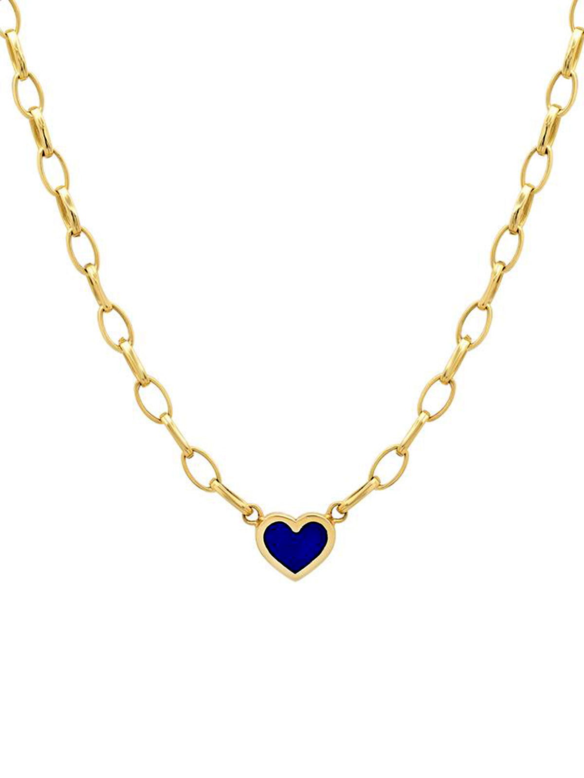 Lapis Inlay Heart on Small Edith Link Chain Yellow Gold Necklace