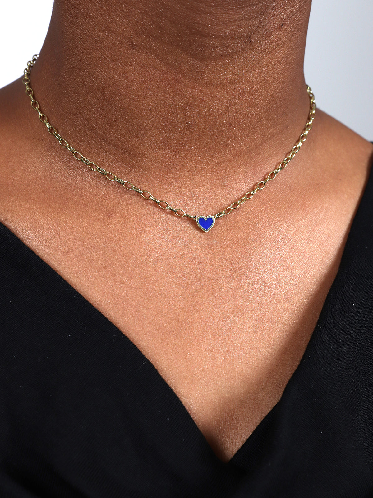 Lapis Inlay Heart on Small Edith Link Chain Yellow Gold Necklace