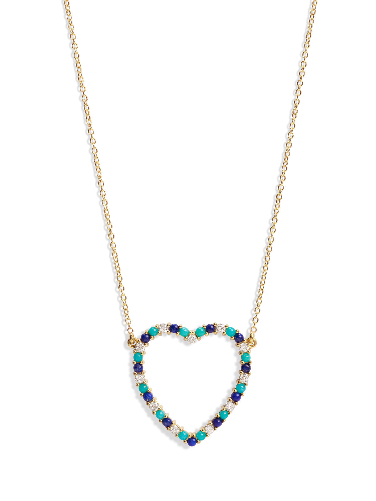 Large Diamond, Turquoise, & Lapis Open Heart Yellow Gold Necklace