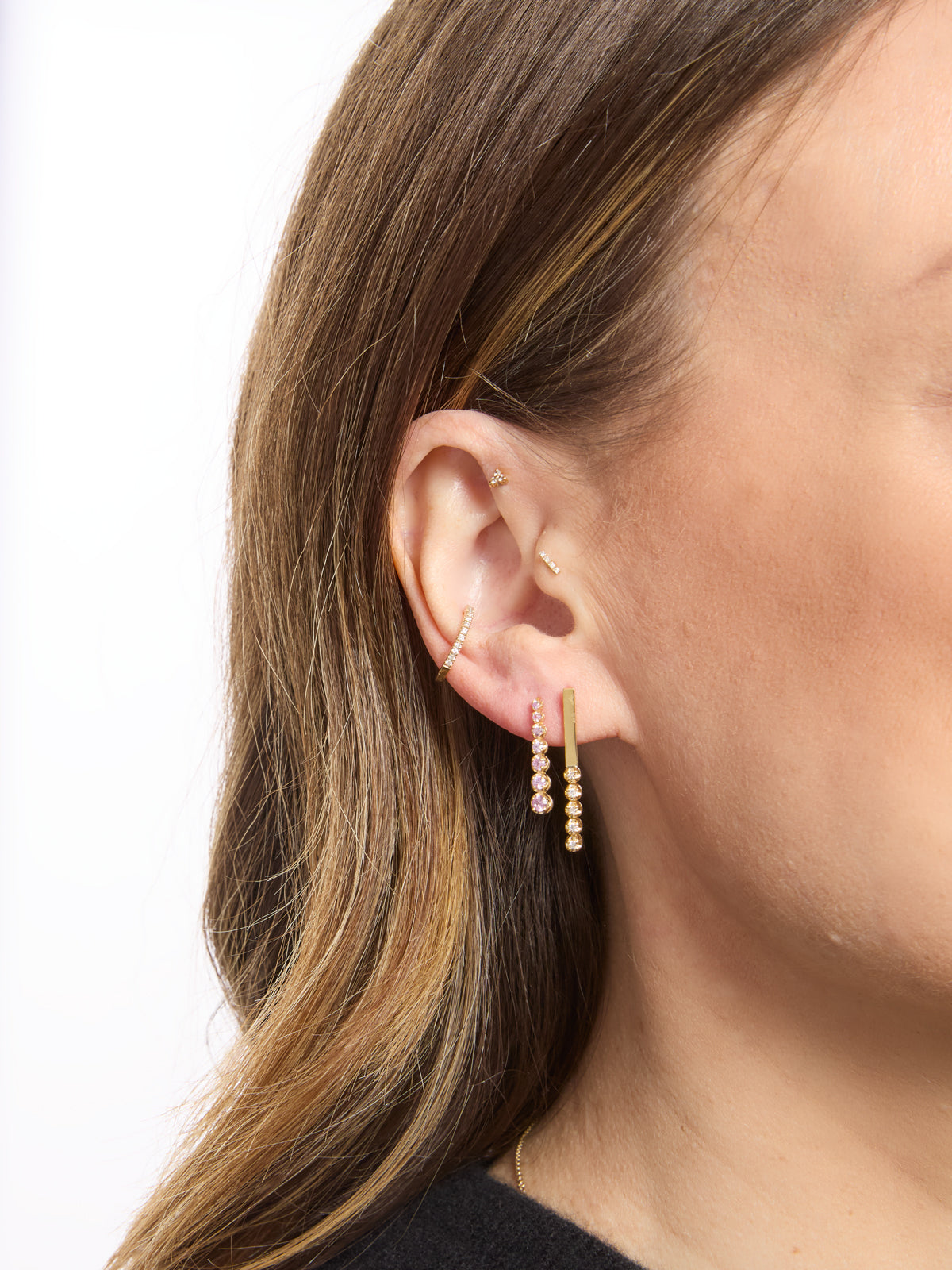 Bar Studs with 5 Illusion Set Diamond Yellow Gold Earrings