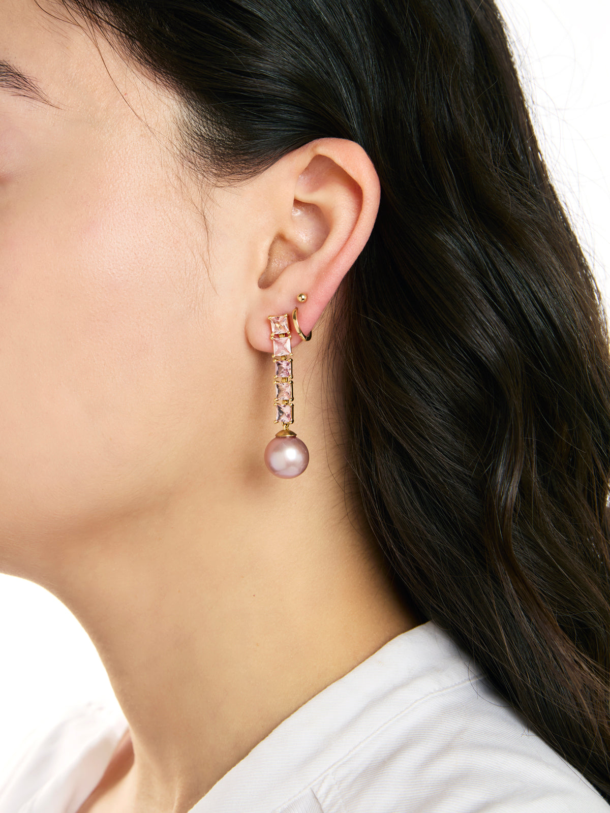 Padparadscha Pink Sapphire & Pearl Yellow Gold Earrings