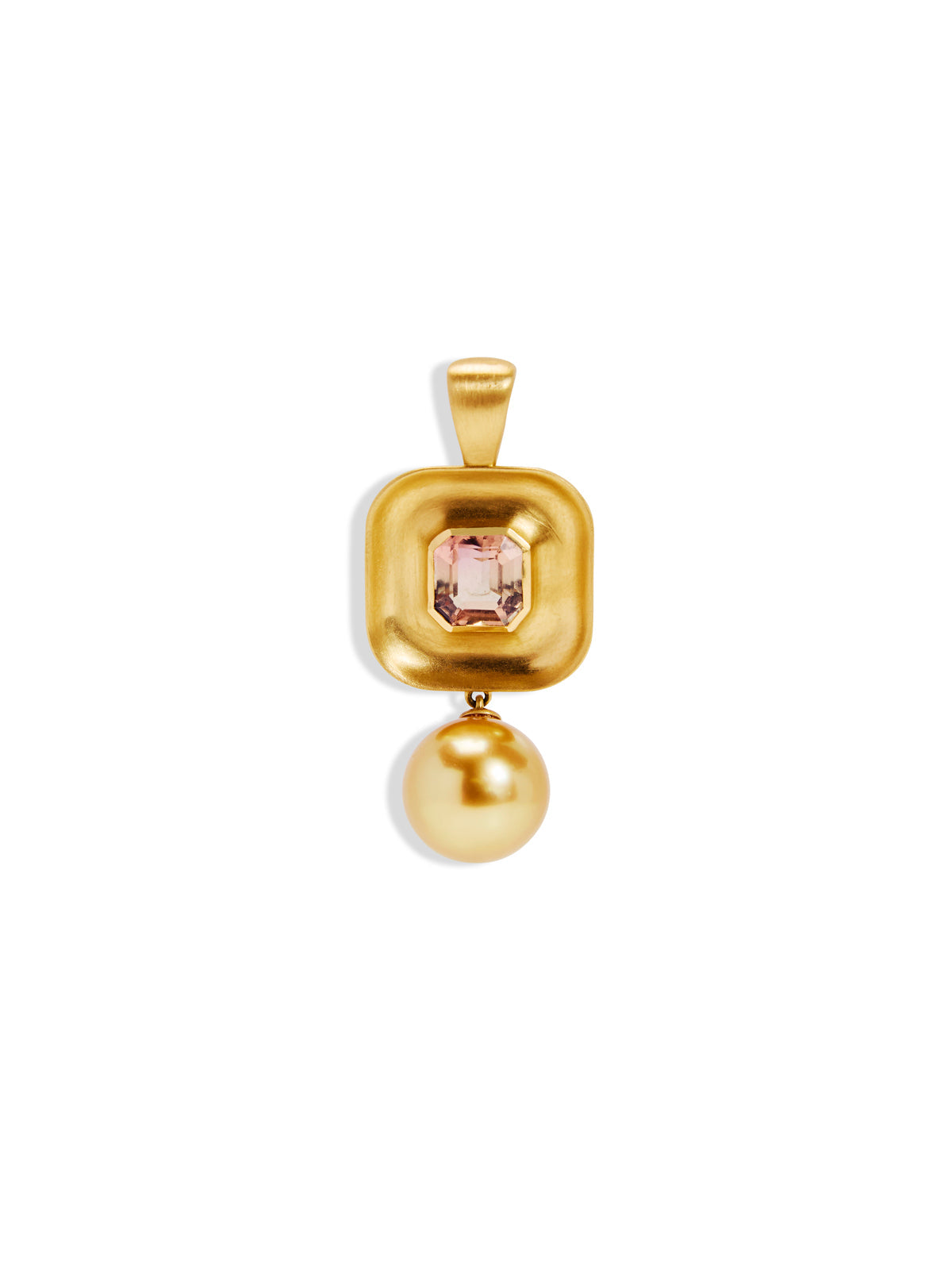 South Sea Pearl & Peach Tourmaline Yellow Gold Mini Gong Pendant