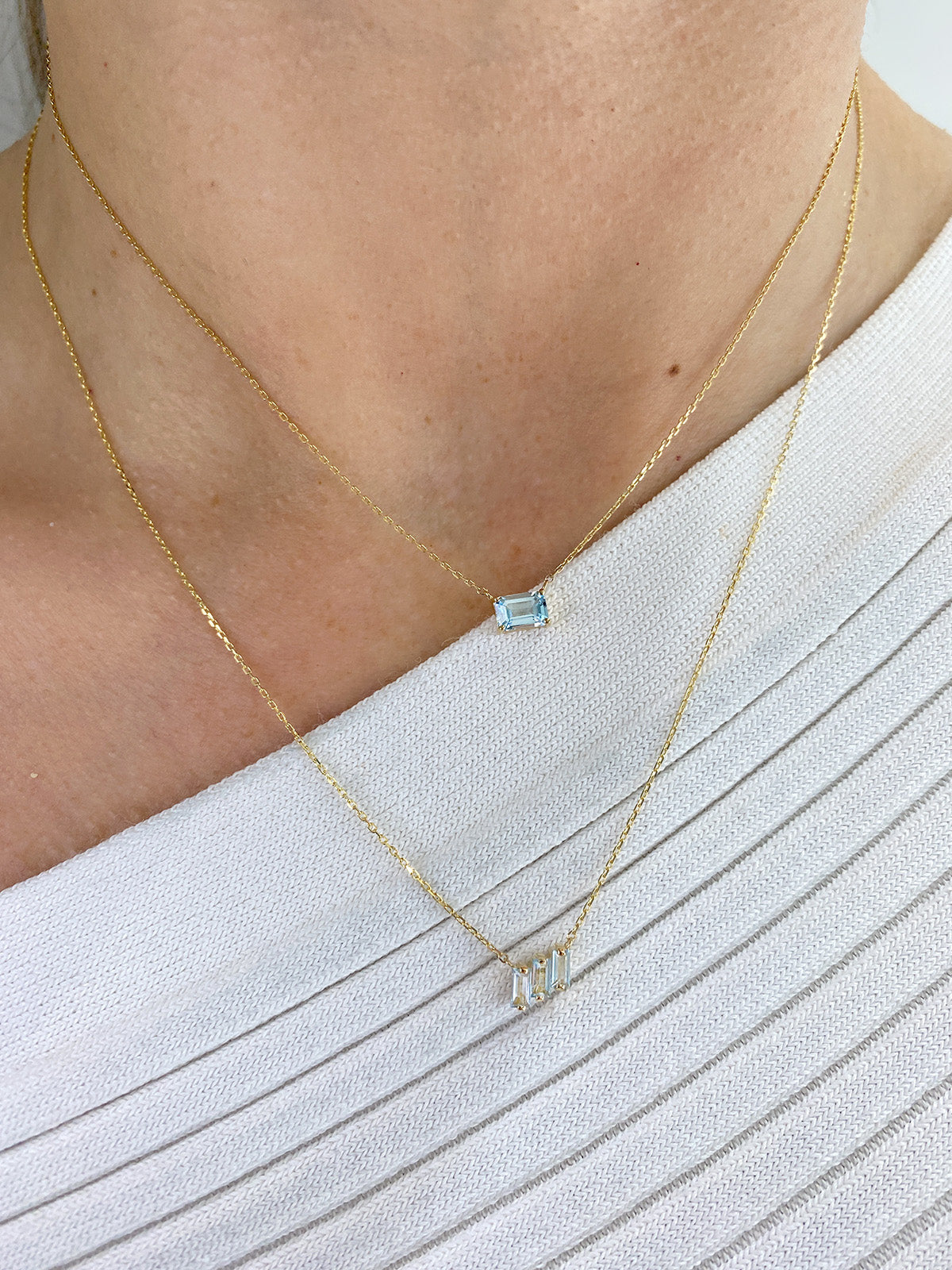 Three Baguette Blue Topaz Yellow Gold Necklace