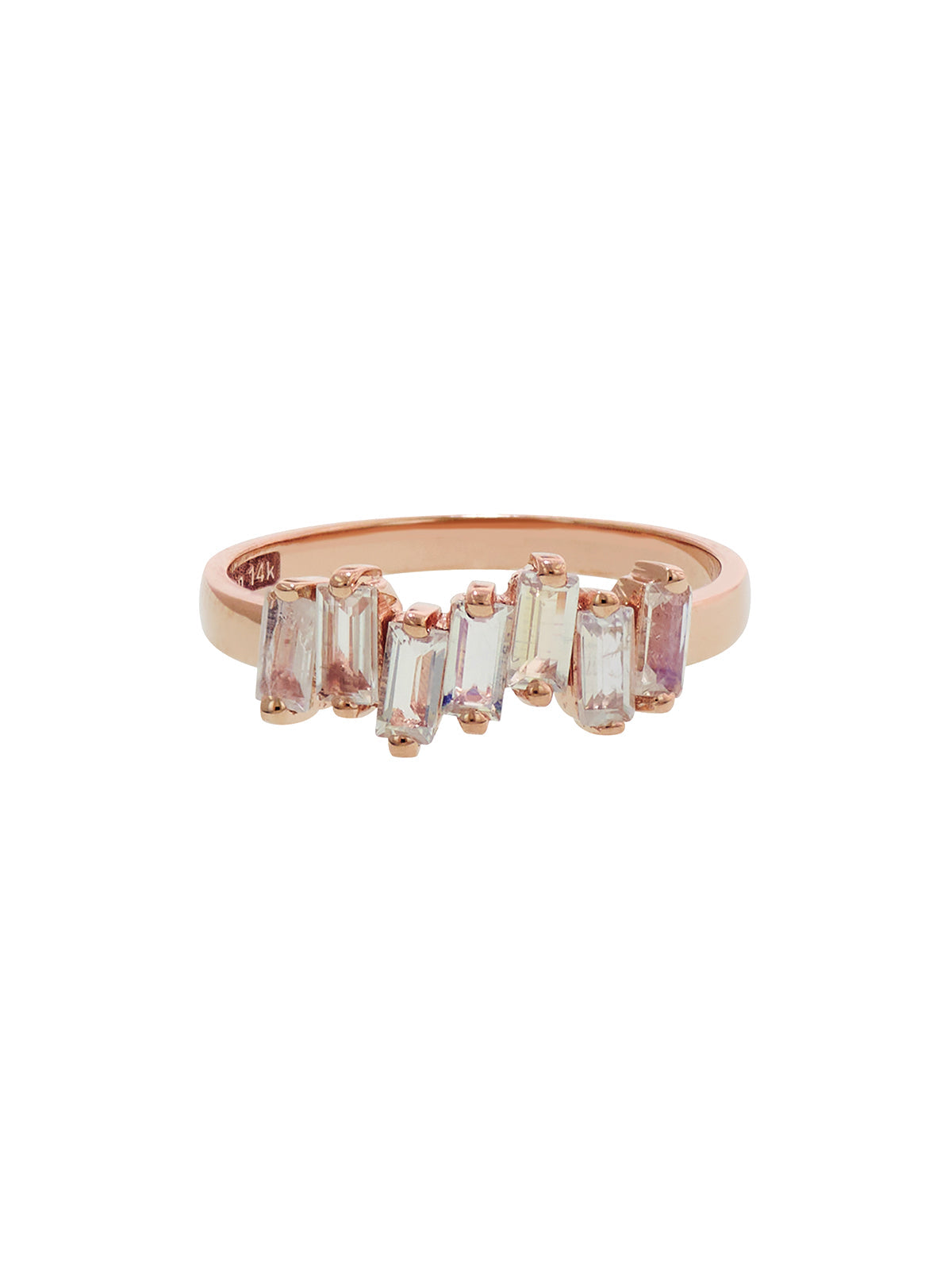 Uneven Baguette Rainbow Moonstone Rose Gold Ring