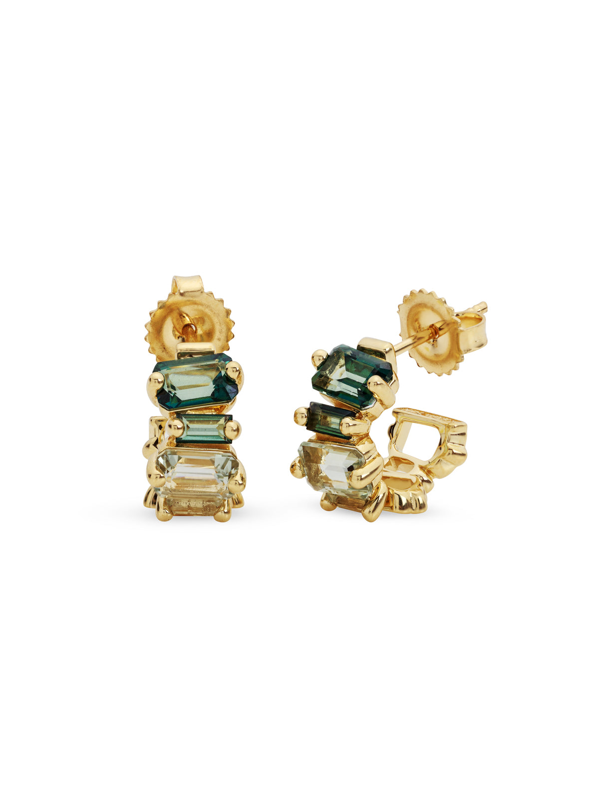 Emerald Cut Green Ombre Yellow Gold Mini Hoop Earrings