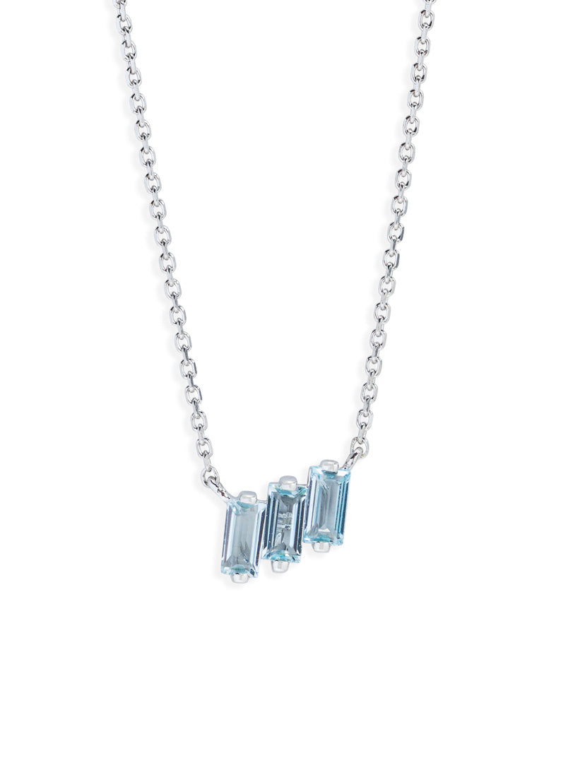 Three Baguette Blue Topaz White Gold Necklace