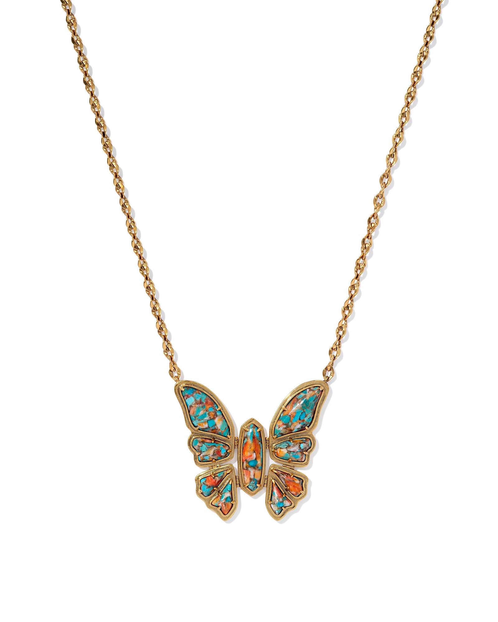 Ember Vintage Gold Butterfly Statement Necklace in Bronze Veined Turquoise Magnesite Red Oyster